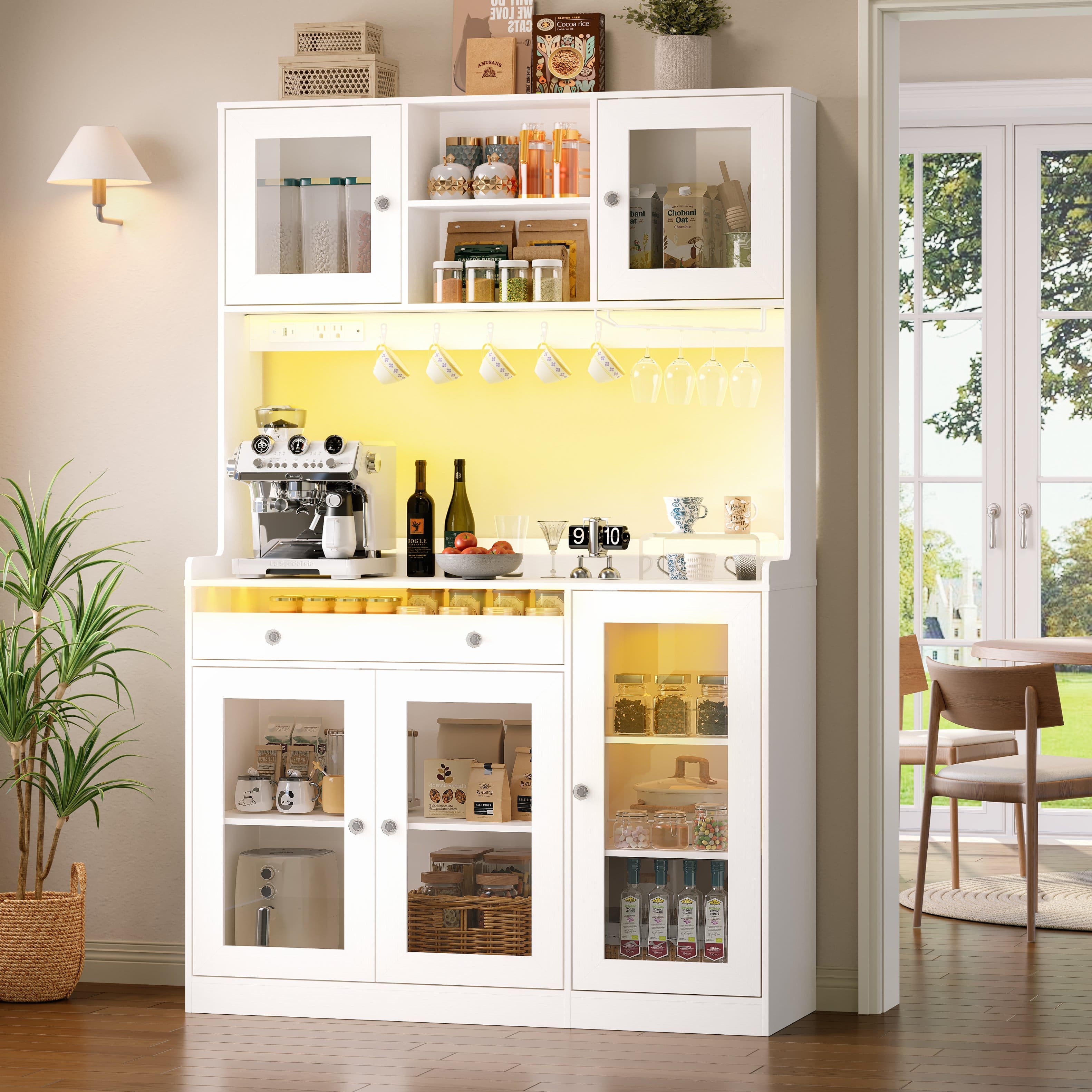 Furnulem - 71 In Kitchen Pantry Cabinet with Charging Station and LED Lights Tall Freestanding Hutch with Microwave Stand - White