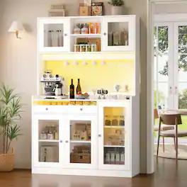 Furnulem - 71 In Kitchen Pantry Cabinet with Charging Station and LED Lights Tall Freestanding Hutch with Microwave Stand - White