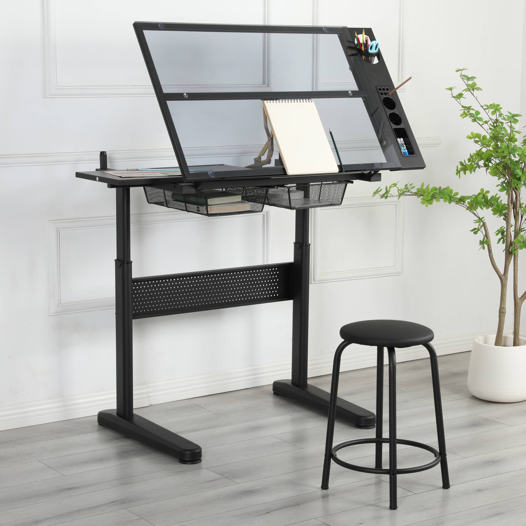 Alt View 2. GOODSILO - Hand Crank Adjustable Drafting Table with Tilting Glass Top and Side Extension Panel for Artists and Designers - Black.