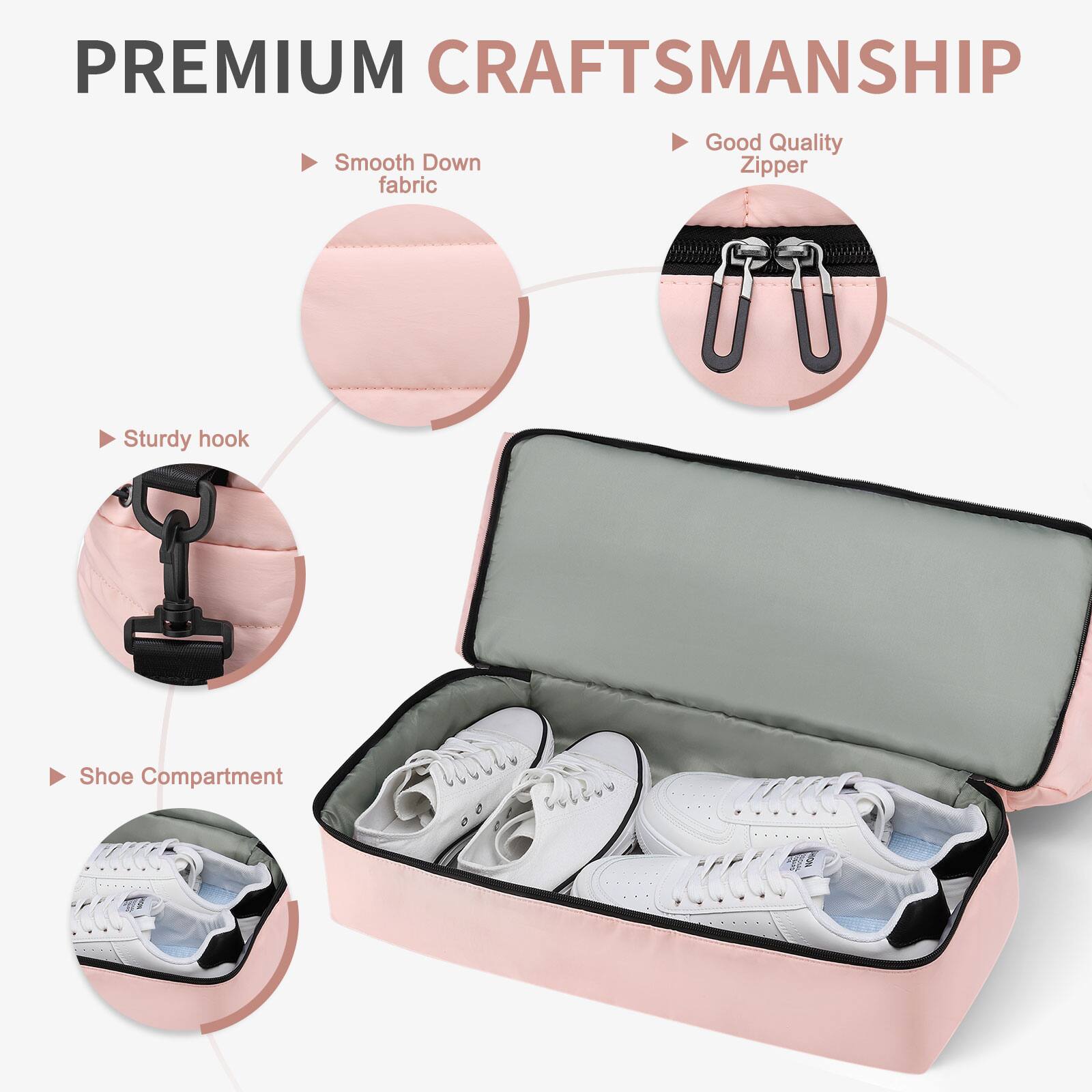 PREMIUM CRAFTSMANSHIP

- Good Quality Zipper
- Smooth Down fabric
- Sturdy hook
- Shoe Compartment