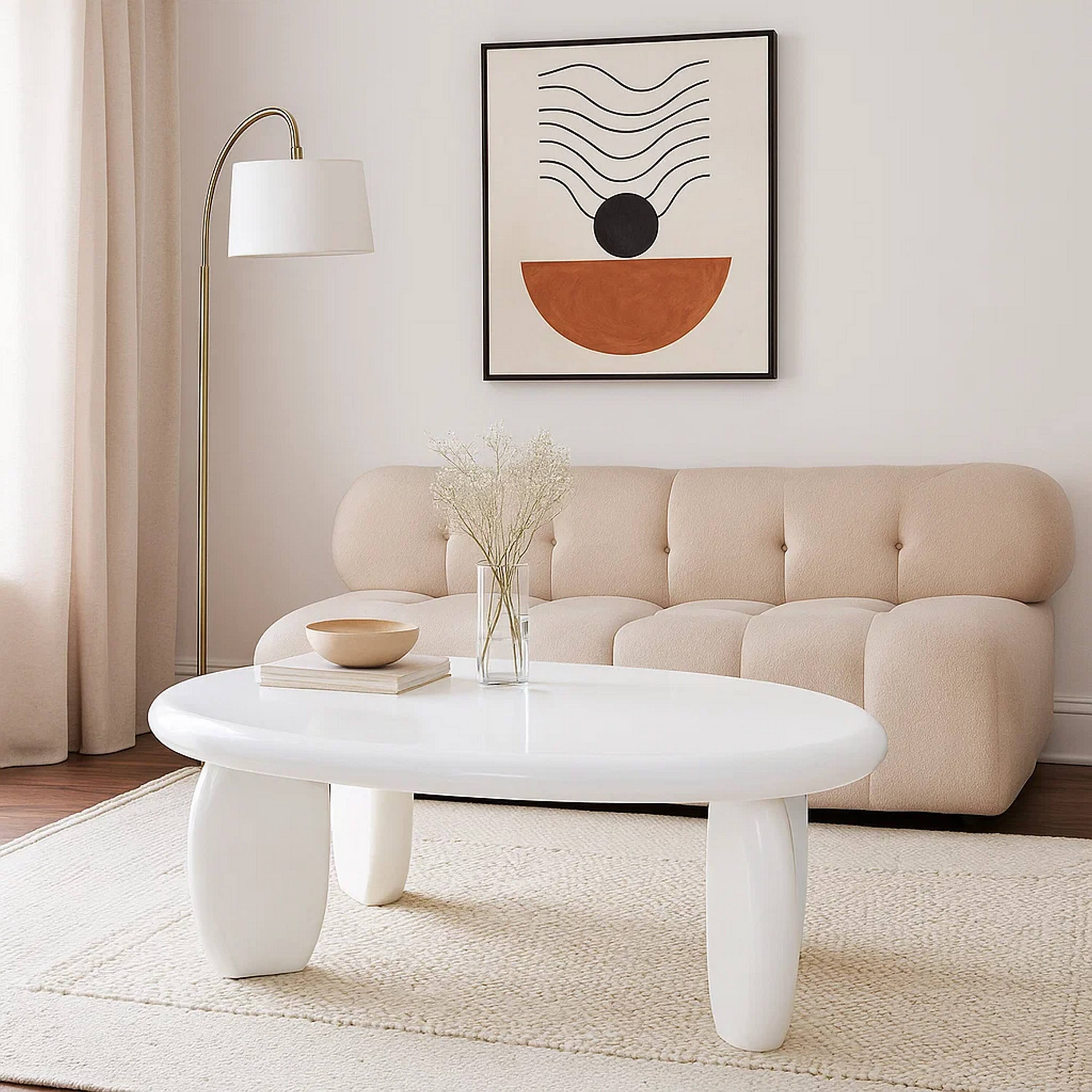 Alt View 5. Manhattan Lane - Vayu End Table, 30 Inch Asymmetric, Tri Pebble Legs, High Gloss White - White.
