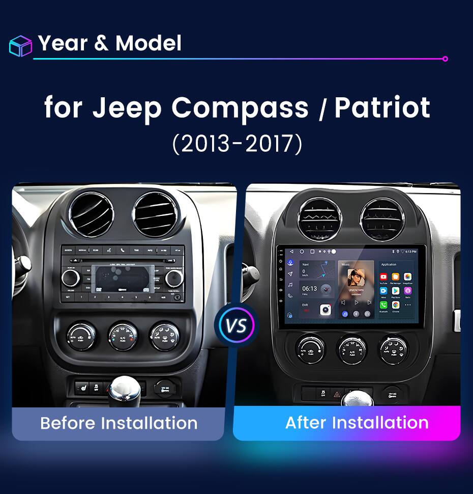 Year & Model for Jeep Compass / Patriot (2013-2017) : d 515P -- . Sa D - M Aotcaon 1 IN - S 06:13 A - d . - -   . -  VS m -  A - ar  a - Before Installation After Installation