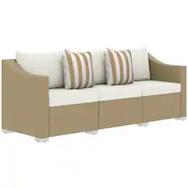 Outsunny - 3 Seater Patio Sofa, Wicker Sofa with Cushions, Outdoor Furniture Rattan Couch with 2 Throw Pillows, Deep Seating - Cream White