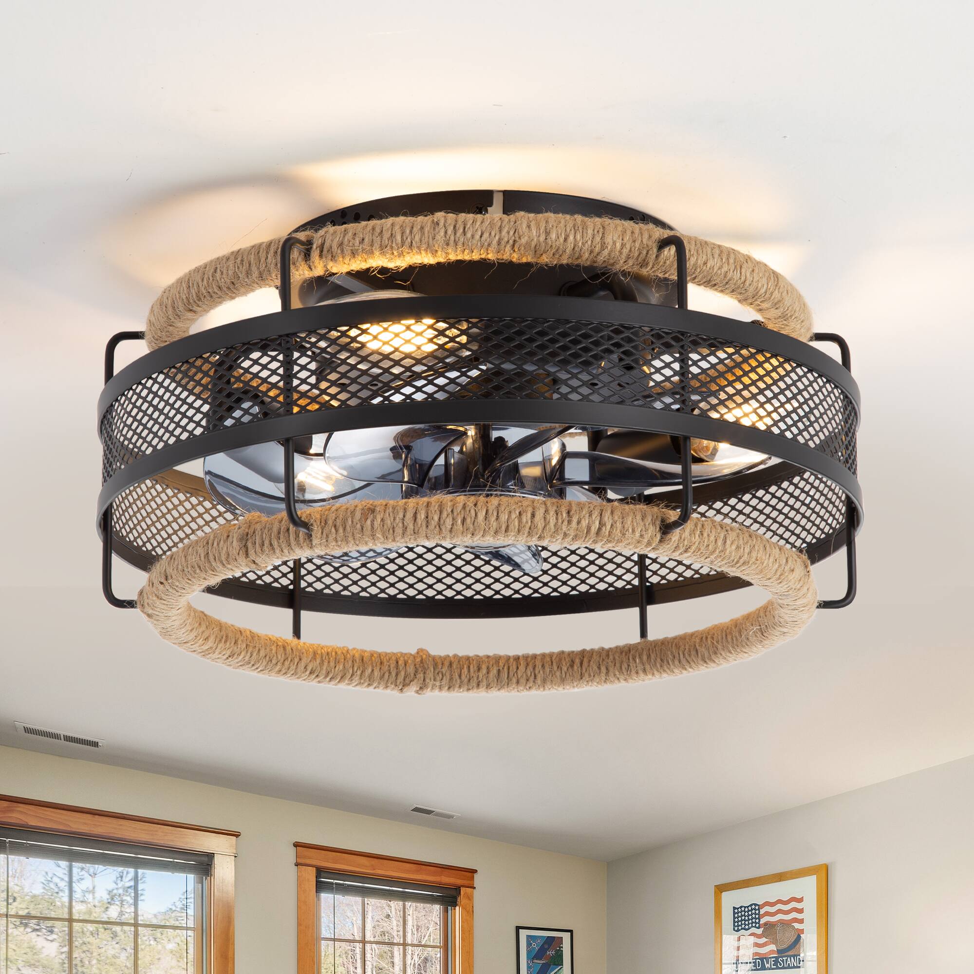 Front. Breezary - 12.5-Inch Indoor Enclosed Caged Ceiling Fan with 7 ABS Blades, DC Motor, 6-Speed Remote Control with Timer - Matte Black.