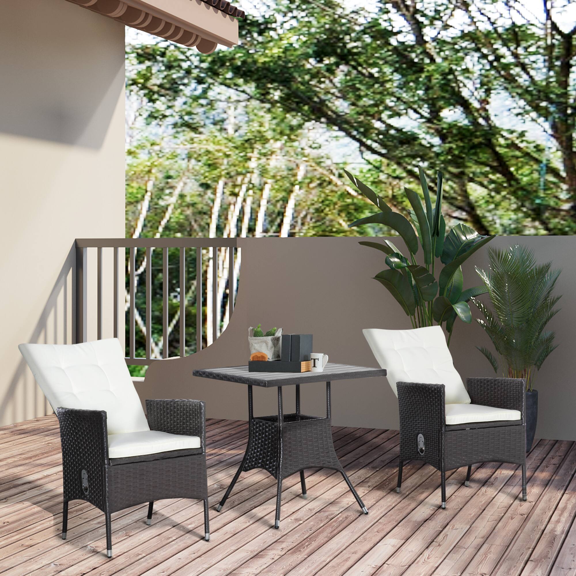 Alt View 1. Outsunny - 3 Pieces Wicker Outdoor Bistro Set, Rattan Patio Furniture Set with Reclining Chairs and Coffee Table, Tufted Cushions - Cream White.