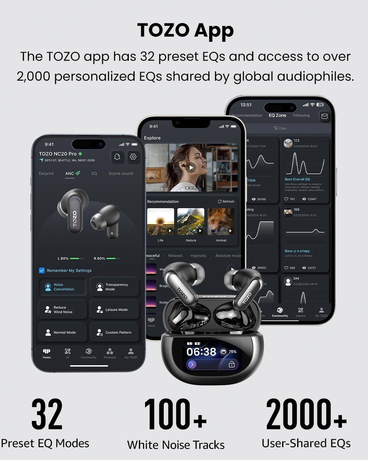 TOZO NC20 Pro Adaptive ANC Wireless Earbuds,Bluetooth 6.0,80H,6