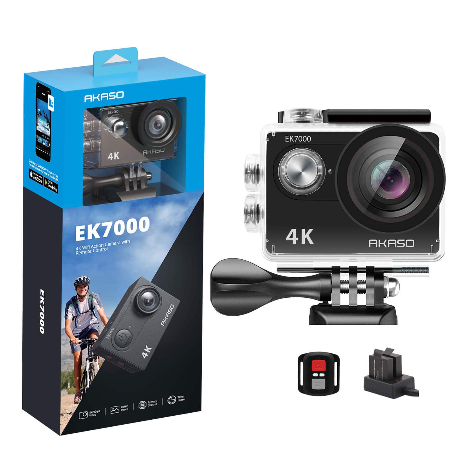 Left. AKASO - EK7000 SE 4K Waterproof Action Camera with Remote - Black.