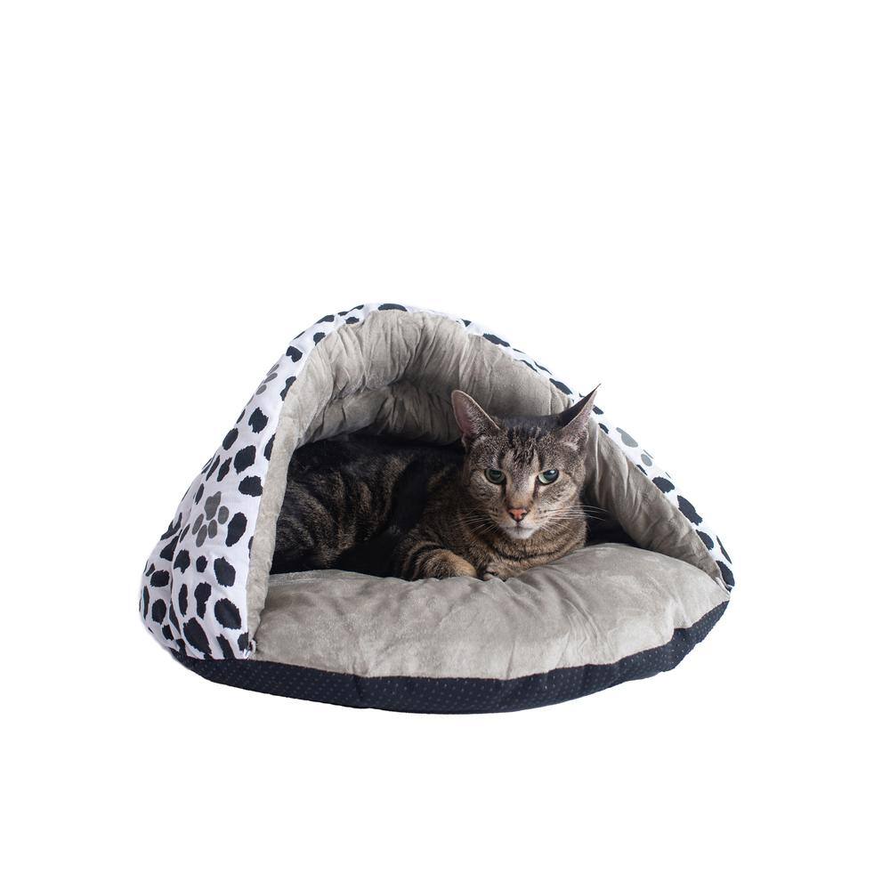 Left. Armarkat - Cat Bed Sage Green Paw Print Pattern - Beige.