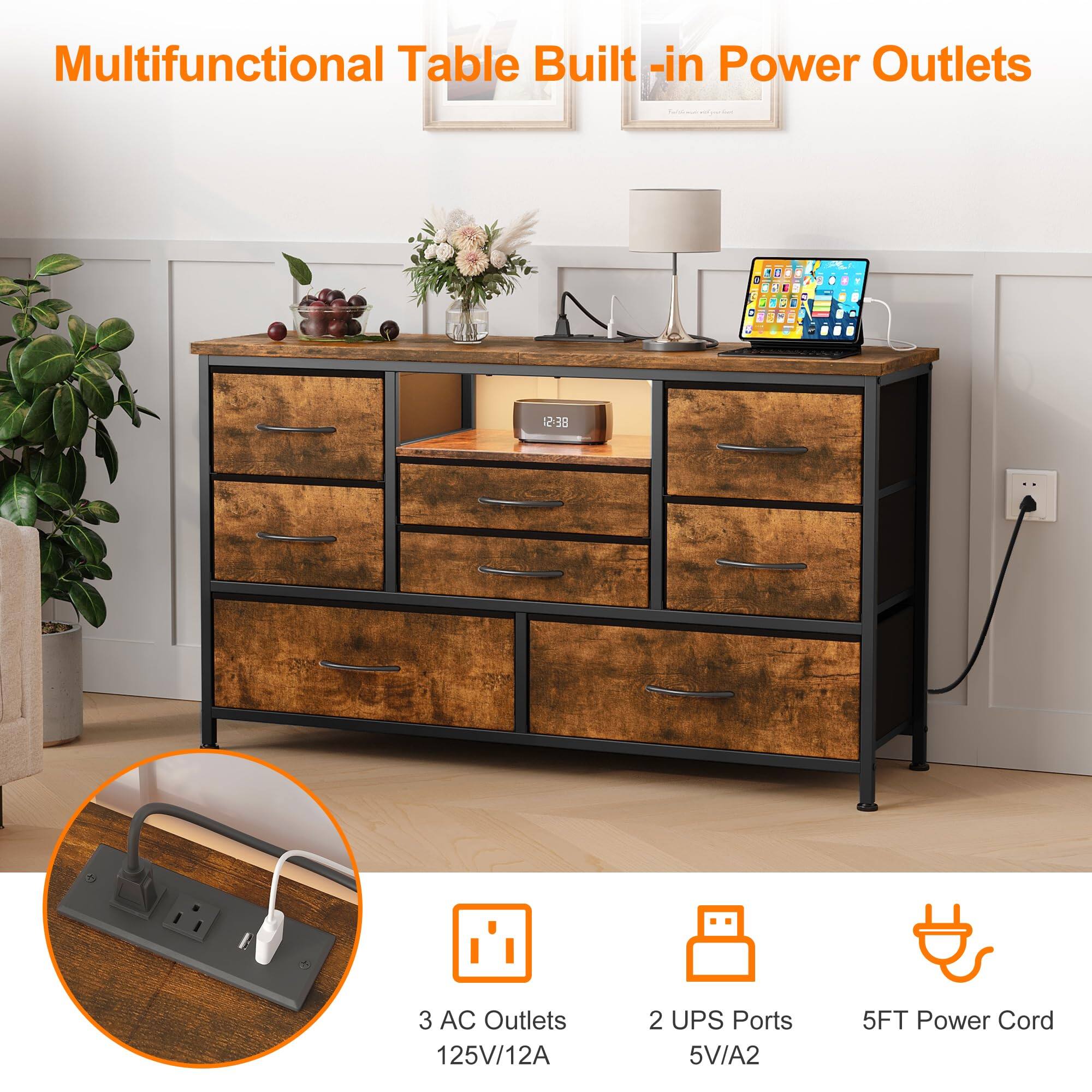 Multifunctional Table Built-in Power Outlets

- 3 AC Outlets 125V/12A
- 2 UPS Ports 5V/A2
- 5FT Power Cord