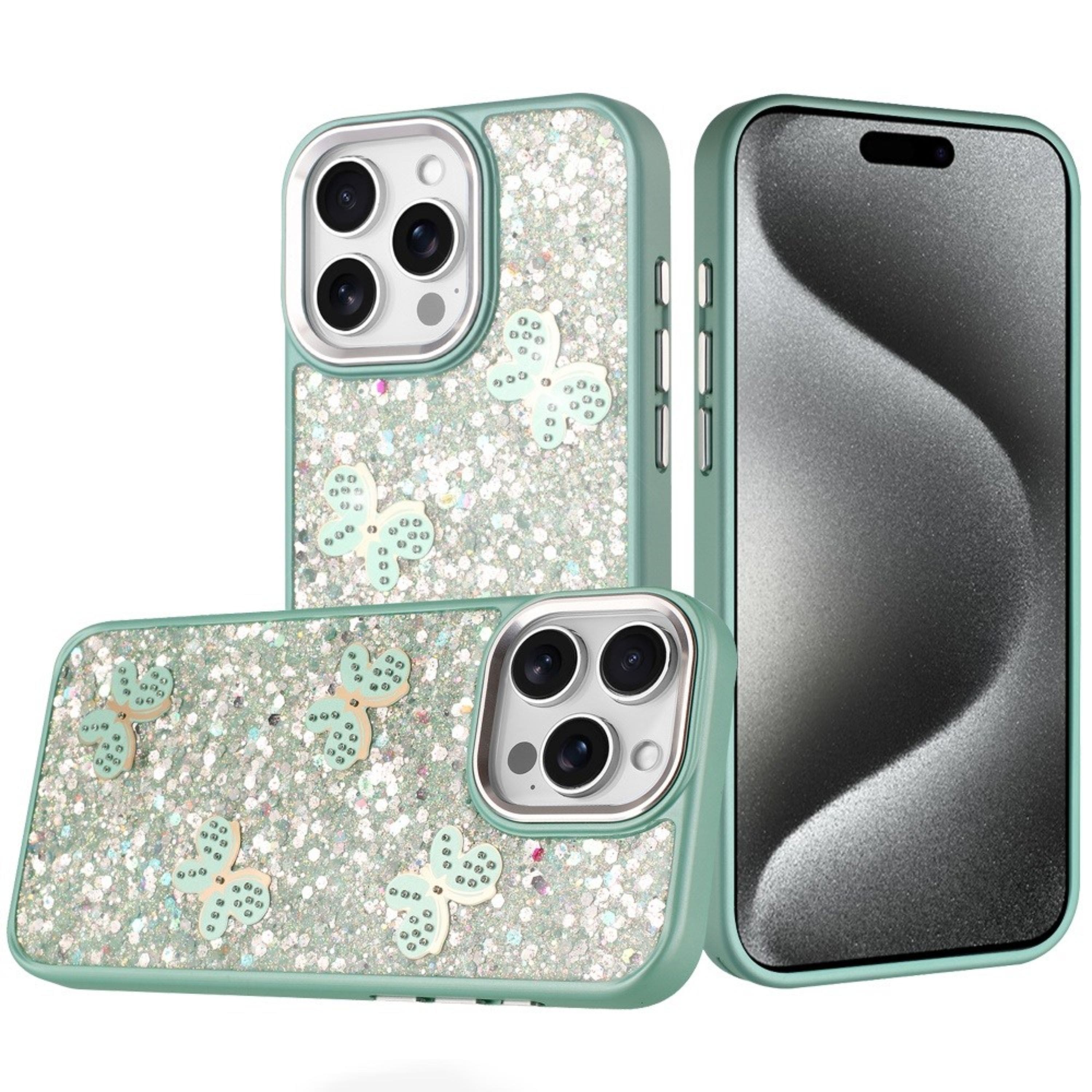 Kitcheniva - Glitter Butterfly Case With Tempered Glass For iPhone 15 Pro Max - Teal