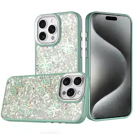 Kitcheniva - Glitter Butterfly Case With Tempered Glass For iPhone 15 Pro Max - Teal