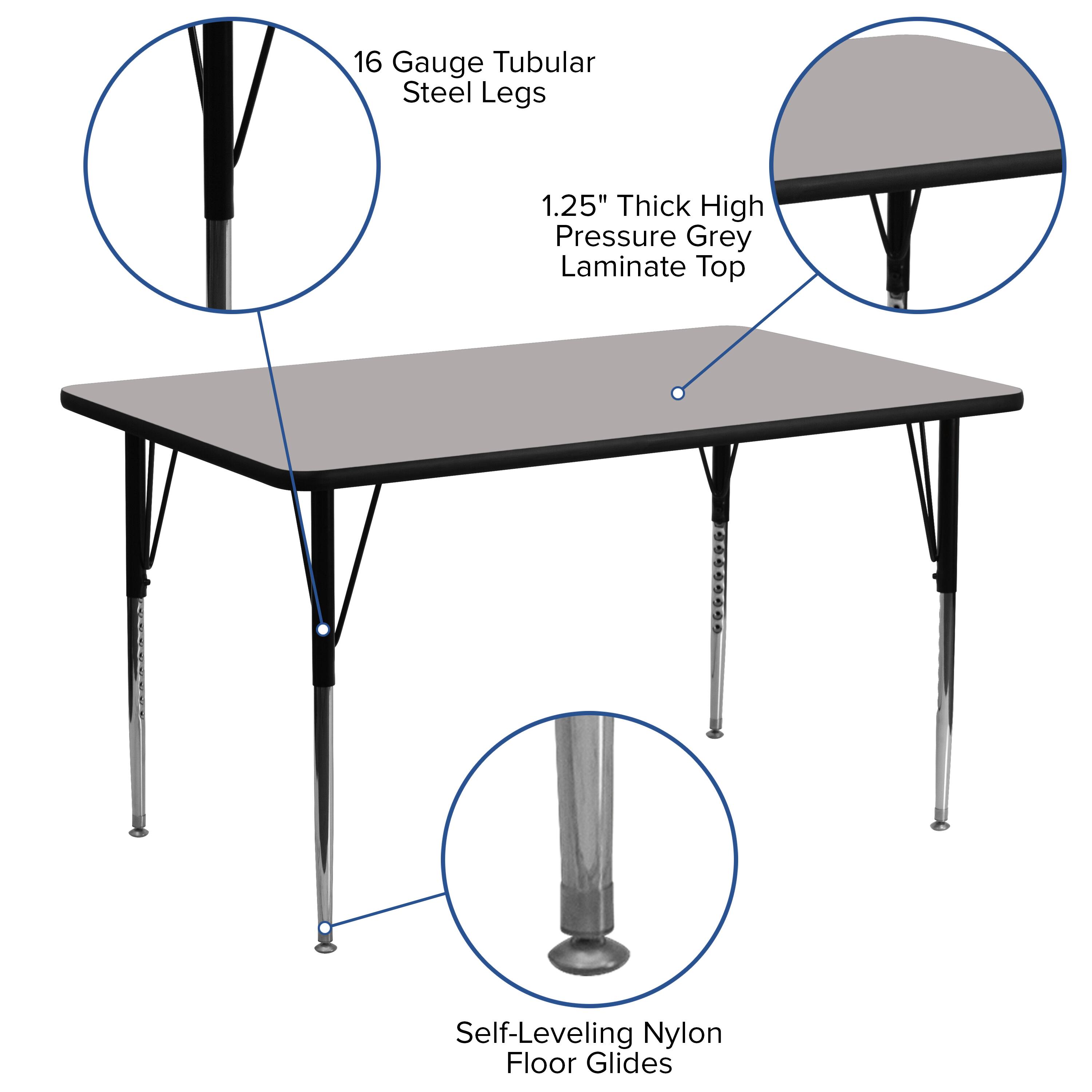 16 Gauge Tubular Steel Legs  
1.25" Thick High Pressure Grey Laminate Top  
Self-Leveling Nylon Floor Glides