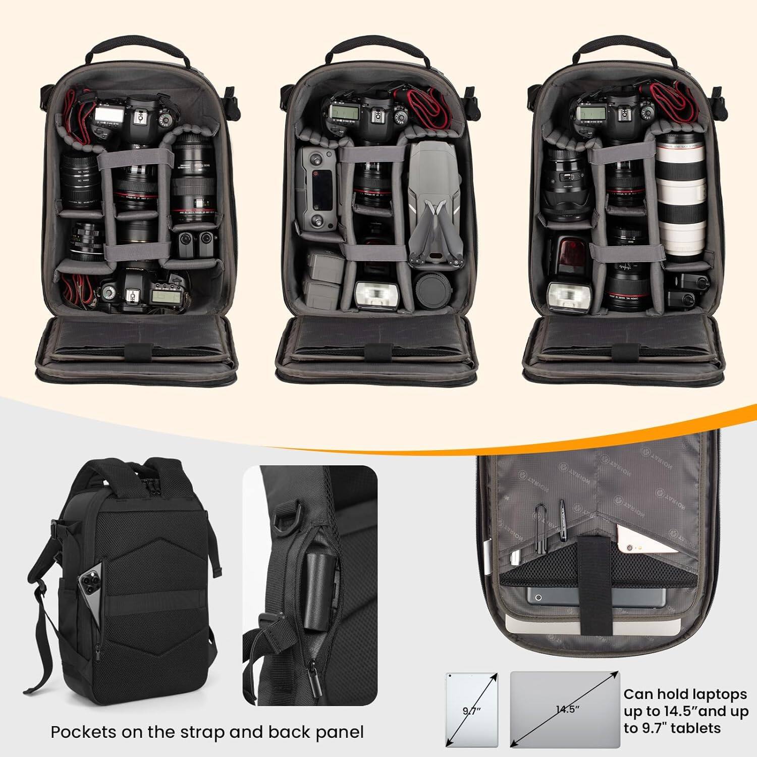 - Pockets on the strap and back panel
- Can hold laptops up to 14.5" and up to 9.7" tablets