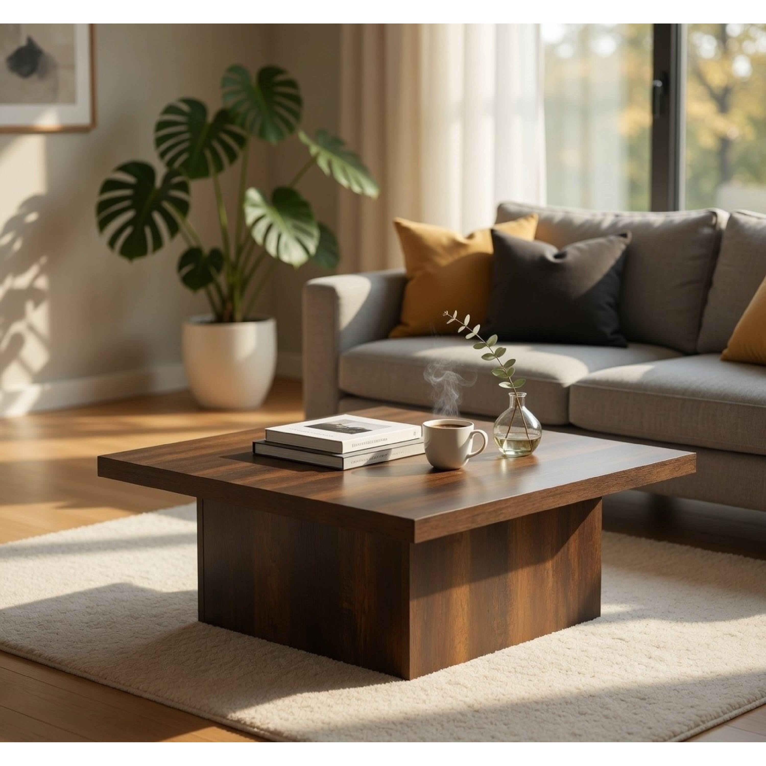Alt View 7. Manhattan Lane - Darla Square Cocktail Coffee Table, Pedestal Base, Wood 36 Inch - Dark Pine Brown.