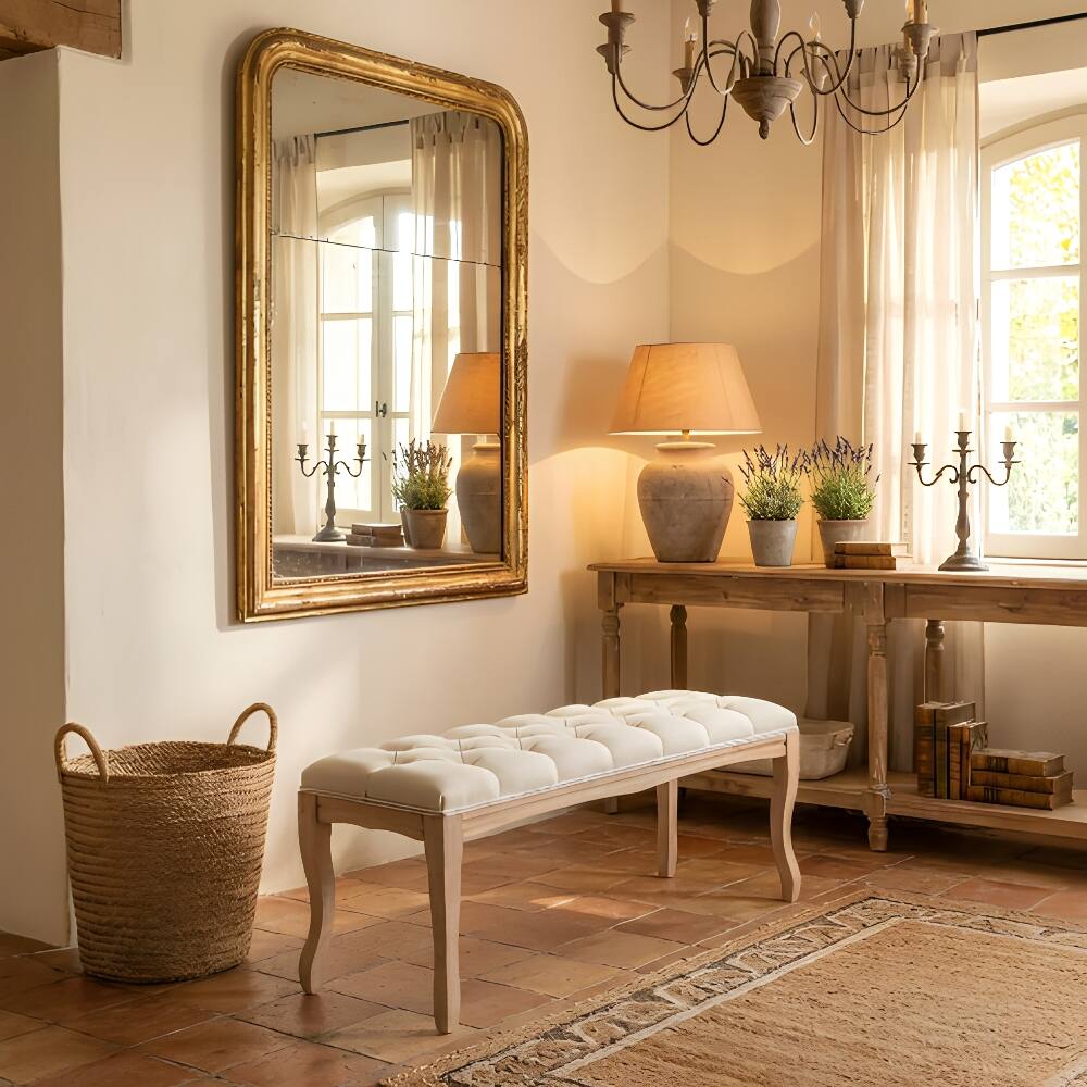 Angle. Ropilly - Ropilly French Vintage Tufted Bedroom Bench, Upholstered Entryway End of Bed Ottoman Seat with Wood Legs, Beige - Beige.