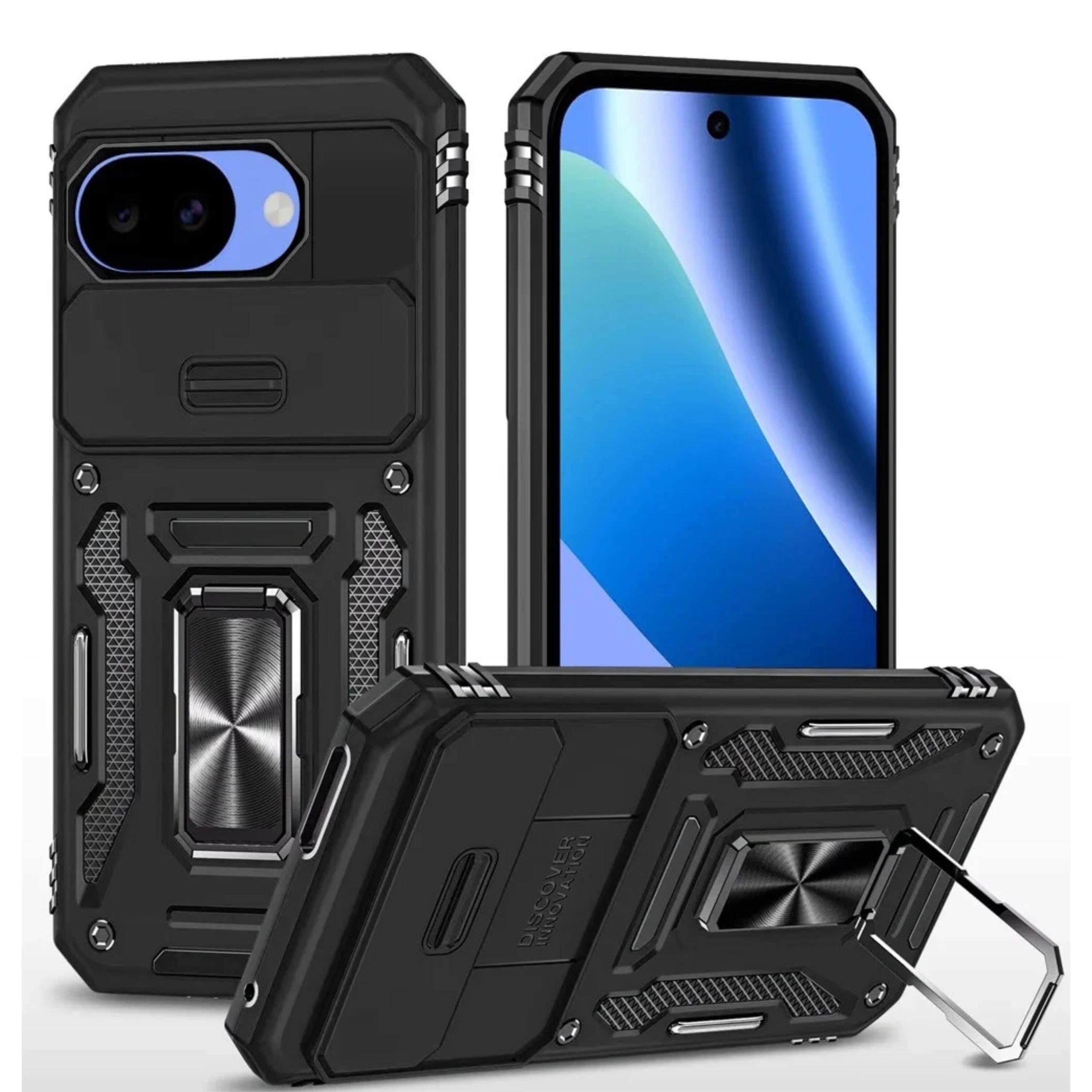 Kitcheniva - Shockproof Camera Lens Sliding Cover Magnetic Ring Stand Phone Case With Tempered Glass For Google Pixel 10a - Black price history on PriceWatchPro