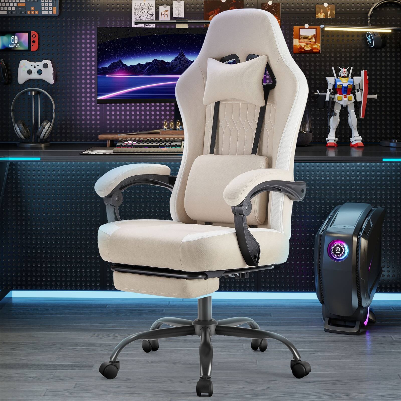 Sweet - Gaming Chair with Footrest, Ergonomic Breathable Fabric High Back Recliner with Lumbar Support, Black - Khaki price history on PriceWatchPro