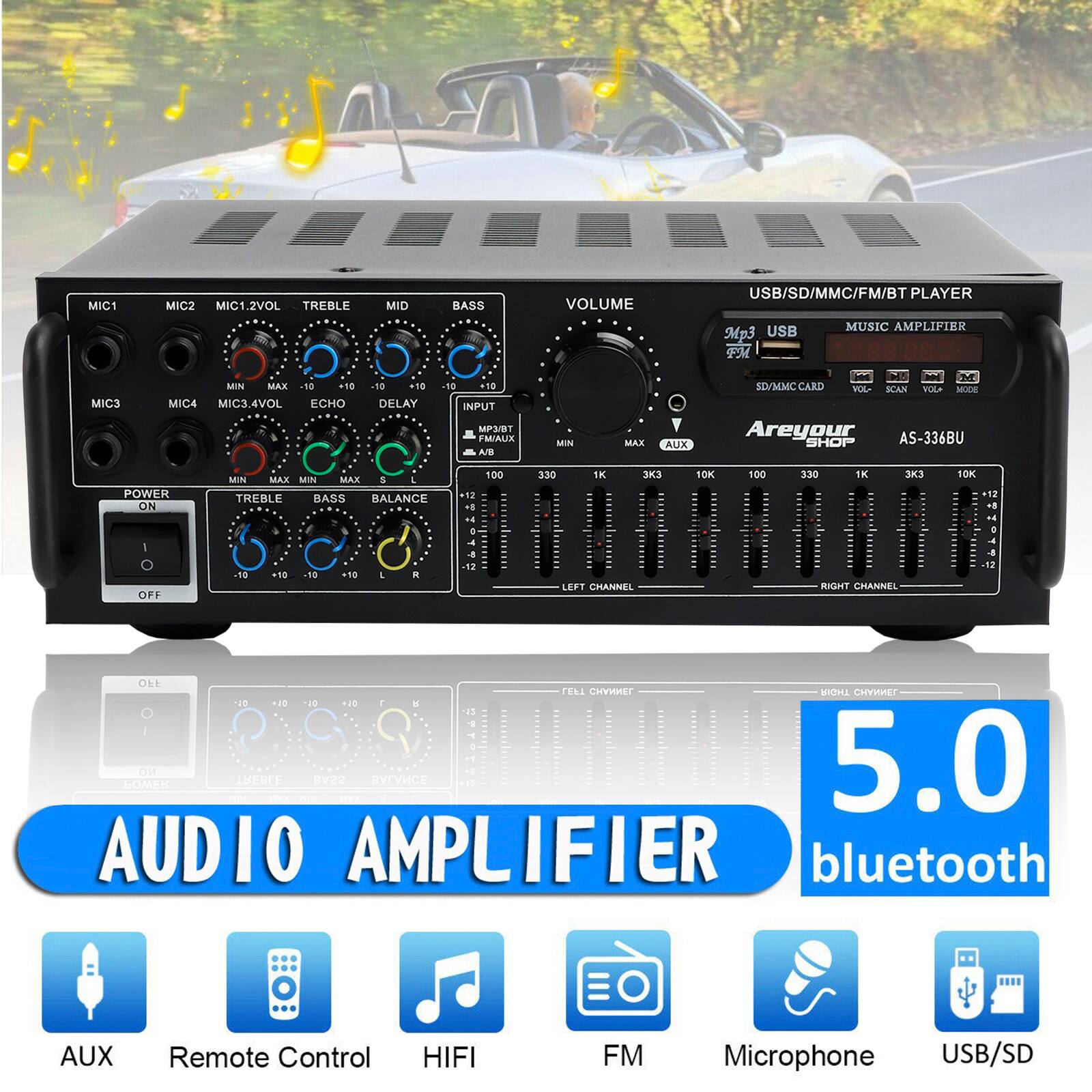 MIC1 MIC2 MIC1.2VOL TREBLE MID BASS VOLUME USB/SD/MMC/FM/BT PLAYER USB MUSIC AMPLIFIER Mp3 M MEINA MAX ... 118 -18 110 .19 1. MIC3 MIC4 MIC34VOL ECHO DELAY INPUT MP3/BT FM/AUX A 100 MIN MAX MIN MAX &  POWER TREBLE BALANCE 57 BASS ON - .. -12  8 10 58 .1. 110 I . OFF  SD/MMC CARD VOLA CAN PLLA MA Areyour AS-336BU MIN MAX AUX SHOP 30 1K  10K 100 330 K K 10K LEFT CHANNEL RHMIT GRASNEL O  CHYH SHNIA CHYMME 40 ... 10 .00  . -15 SWO4 OH INENEE HVN A 5.0 AUDI0 AMPLIFIER bluetooth AUX Remote Control HIFI FM Microphone USB/SD