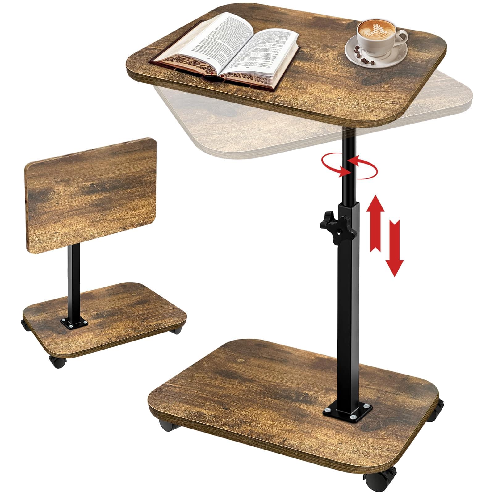 Fabibe - 2-tier Tv Tray With Wheels Adjustable Height & Angle Wooden Side Table For Sofa - 360° Swivel C-shaped End - Default