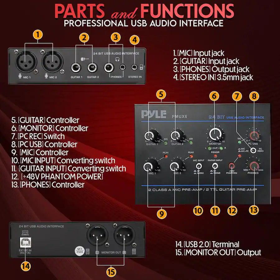 Pyle Professional USB Audio Interface with MIC, Guitar, AUX Stereo ...