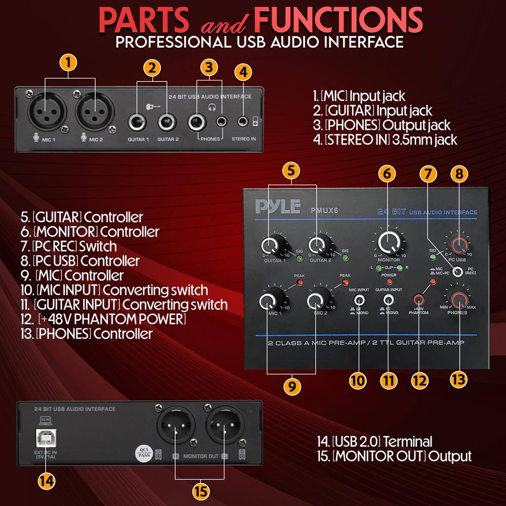 **PARTS and FUNCTIONS**  
**PROFESSIONAL USB AUDIO INTERFACE**

1. [MIC] Input jack  
2. [GUITAR] Input jack  
3. [PHONES] Output jack  
4. [STEREO IN] 3.5mm jack  

5. [GUITAR] Controller  
6. [MONITOR] Controller  
7. [PC REC] Switch  
8. [PC USB] Controller  
9. [MIC] Controller  
10. [MIC INPUT] Converting switch  
11. [GUITAR INPUT] Converting switch  
12. [+48V PHANTOM POWER]  
13. [PHONES] Controller  

14. [USB 2.0] Terminal  
15. [MONITOR OUT] Output  

**24 BIT USB AUDIO INTERFACE**  
**PYLE PMUX6**  
**2 CLASS A MIC PRE-AMP / 2 TTL GUITAR PRE-AMP**