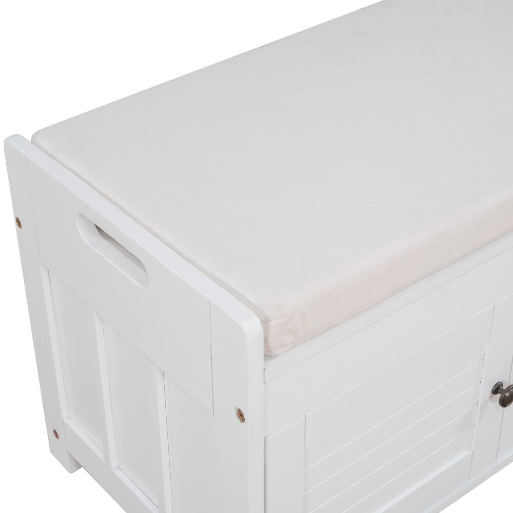 Alt View 4. Ropilly - Ropilly White Storage Bench with Cushion and Shutter Doors, Entryway Shoe Bench with Hidden Storage, 43.5 Inch - White.