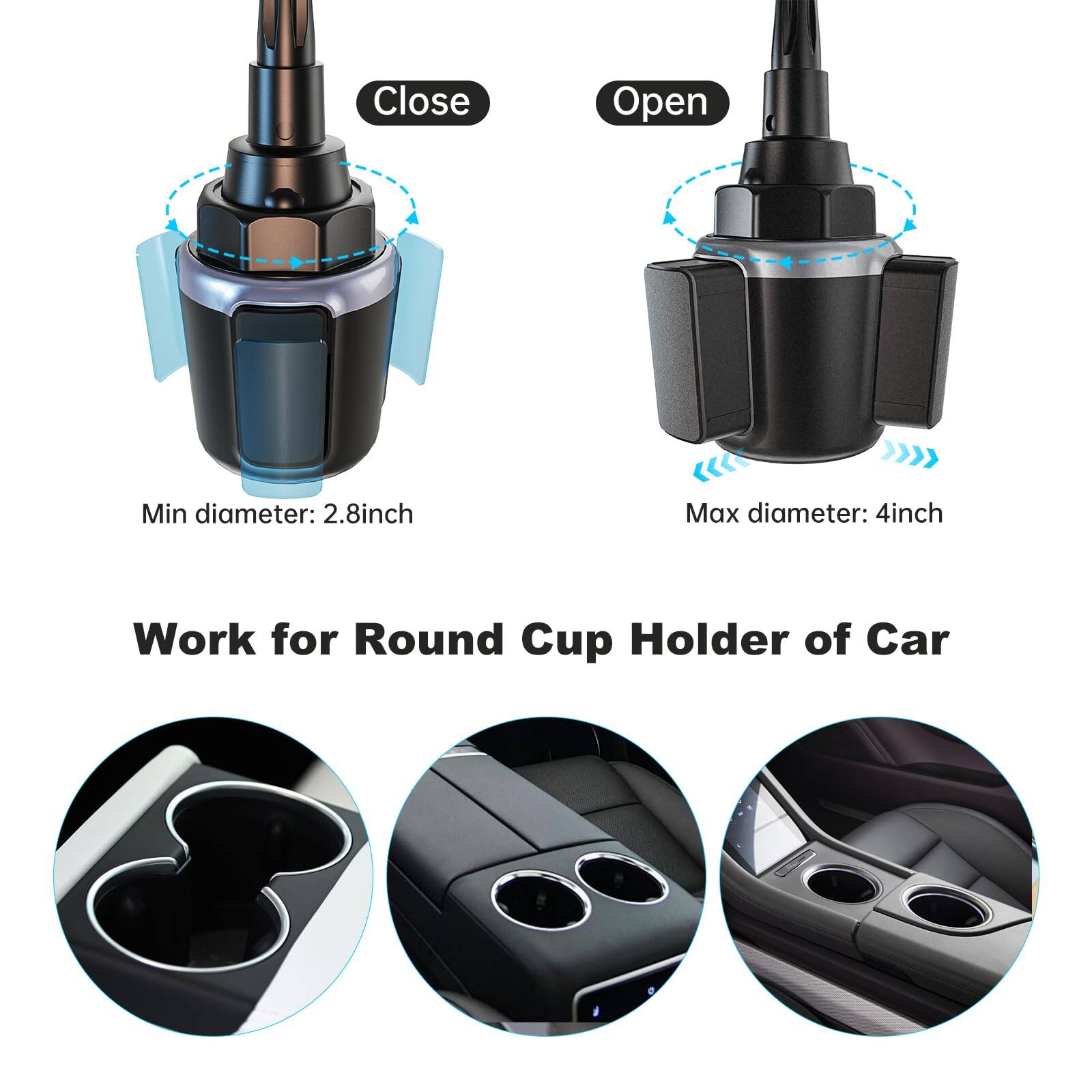 Close  
Min diameter: 2.8 inch  

Open  
Max diameter: 4 inch  

Work for Round Cup Holder of Car