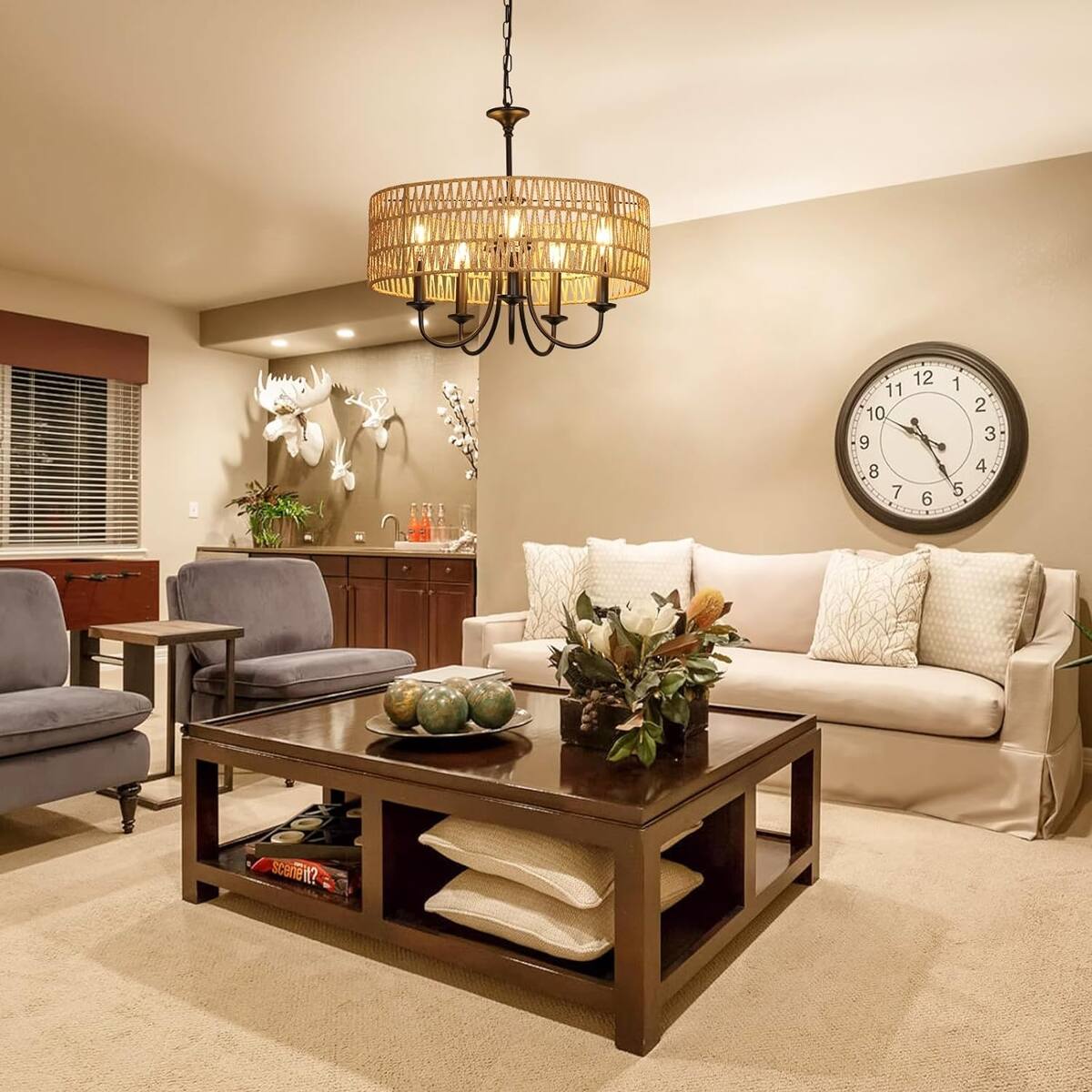 Loheer Modern Farmhouse Chandelier, Five Light Rattan Pendant with Hand ...