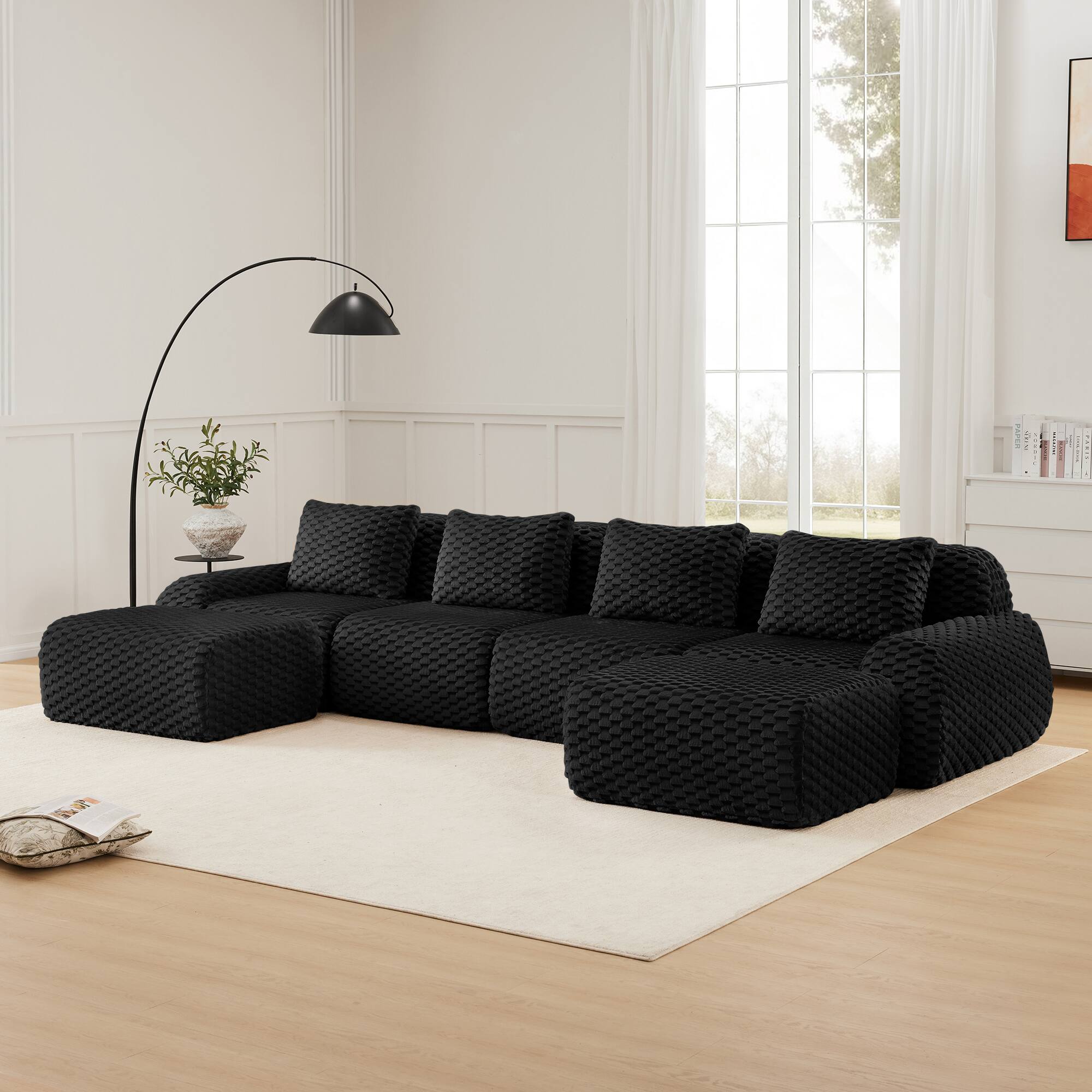 Front. Aukfa - 146" Modern U-Shaped Modular Sectional Sofa - Flannelette Fabric, 4-Seater with Ottoman, Buckle Connection, No Assembly - Black.