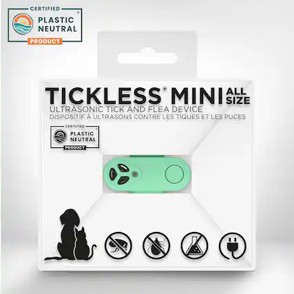 CERTIFIED PLASTIC NEUTRAL PRODUCT
TICKLESS® MINI ALL SIZE
ULTRASONIC TICK AND FLEA DEVICE
DISPOSITIF À ULTRASONS CONTRE LES TIQUES ET LES PUCES
CERTIFIED PLASTIC NEUTRAL PRODUCT