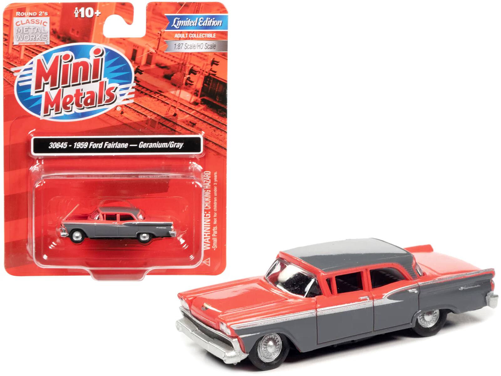 ROUND 2's CLASSIC METAL WORKS  
Mini Metals  
Limited Edition  
ADULT COLLECTIBLE  
1:87 Scale/HO Scale  

30645 - 1959 Ford Fairlane - Geranium/Gray  

WARNING: CHOKING HAZARD - Small parts. Not for children under 3 years.