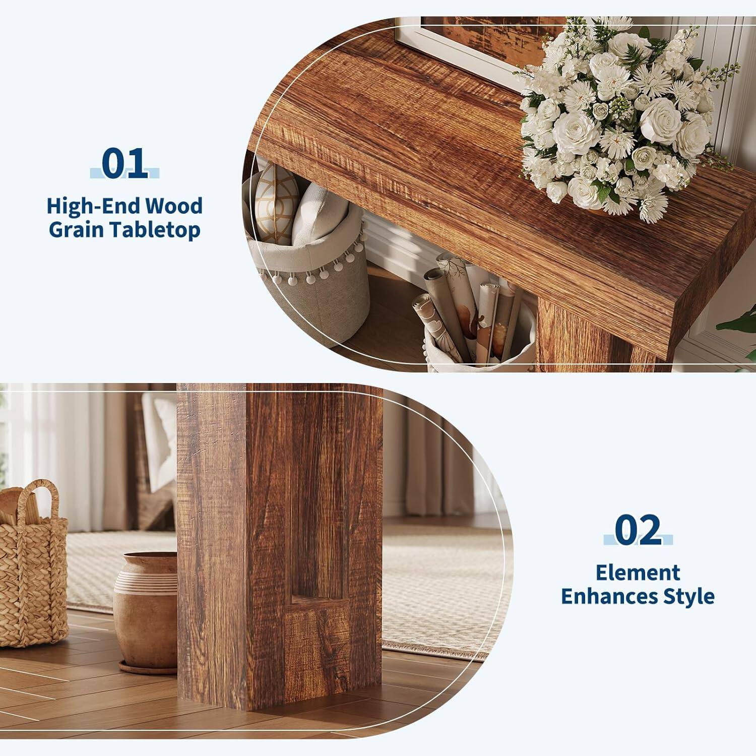 Back. Jojoka - Console Table, 63" Long Narrow Rectangular Farmhouse Wood Entryway Table , Sofa Table Behind Couch,Natura - Brown.