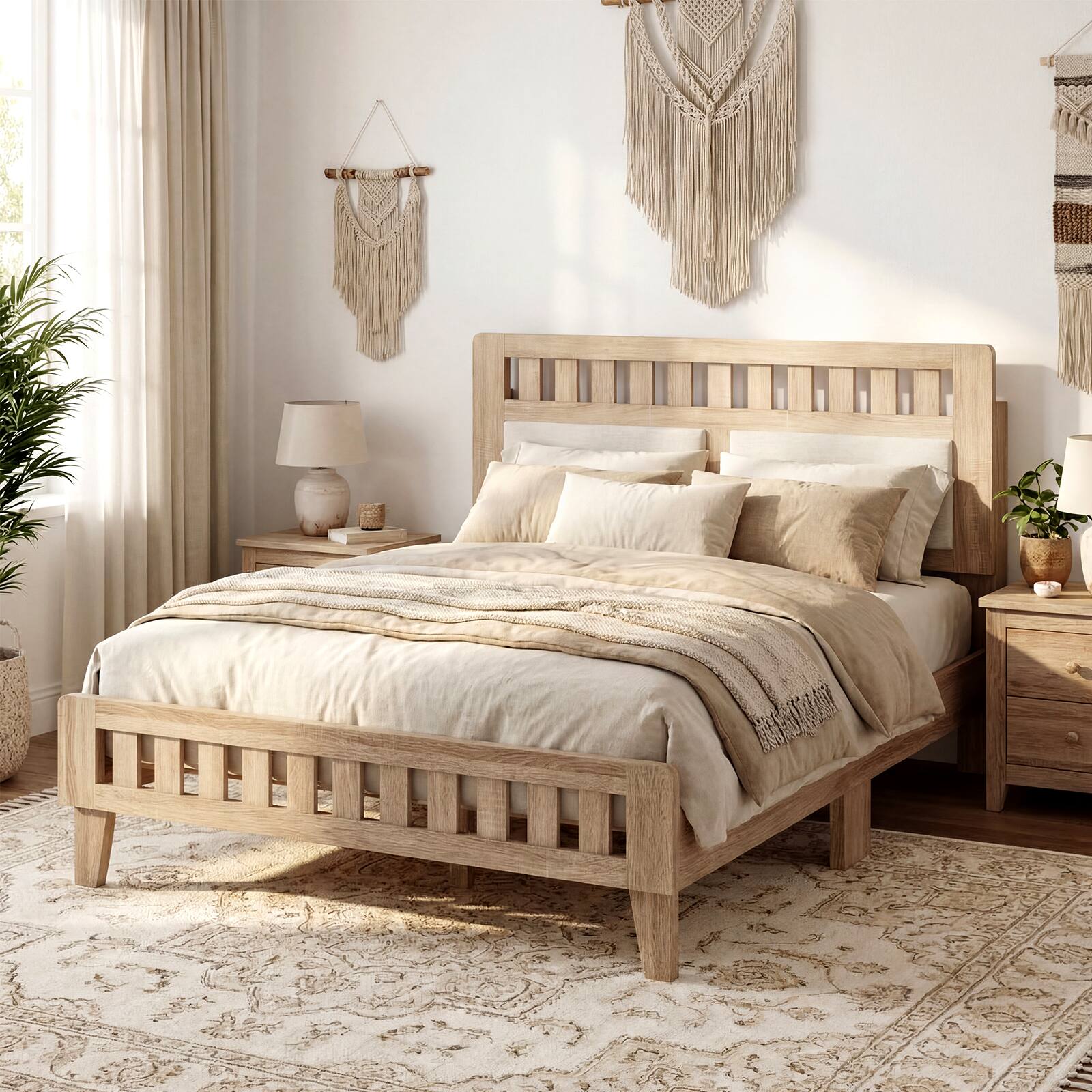 Alt View 3. Gymax - Gymax Full Wood Bed Frame w/Upholstered Headboard Solid Wood Leg Wooden Slat Support Rustic Oak & Beige - Yellow.