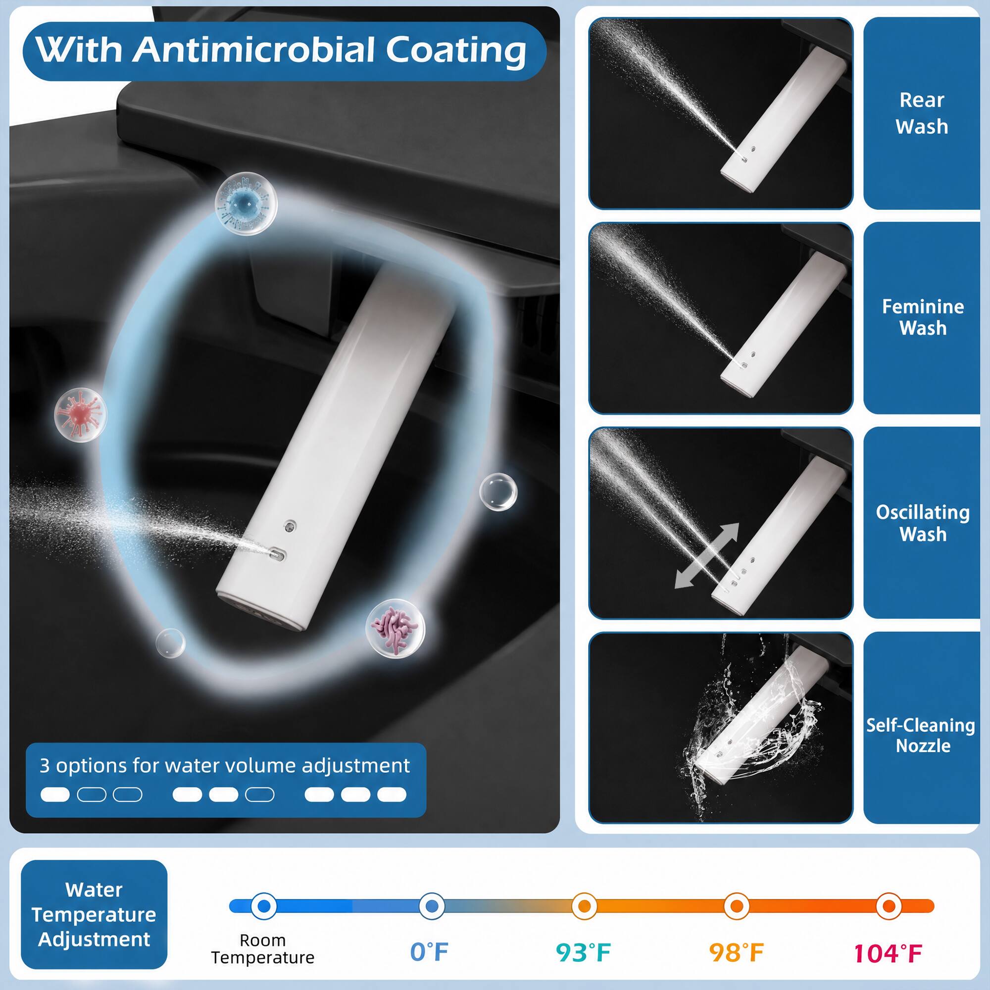 With Antimicrobial Coating

Rear Wash
Feminine Wash
Oscillating Wash
3 options for water volume adjustment
Self-Cleaning Nozzle
Water Temperature Adjustment
Room Temperature
93°F
98°F
104°F