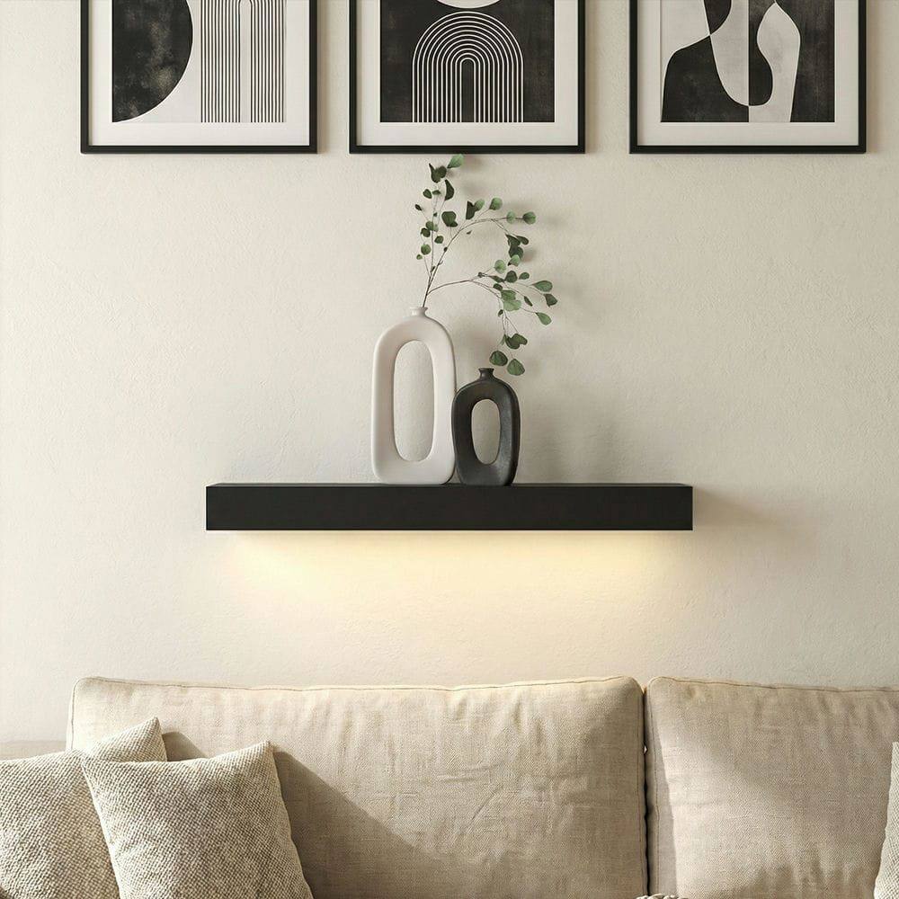 Alt View 1. Kadyn - LED Floating Wall Shelves, Sleek Black Design with Integrated Lighting and Military-Grade Iron Frame for Modern Bedroom - Black.