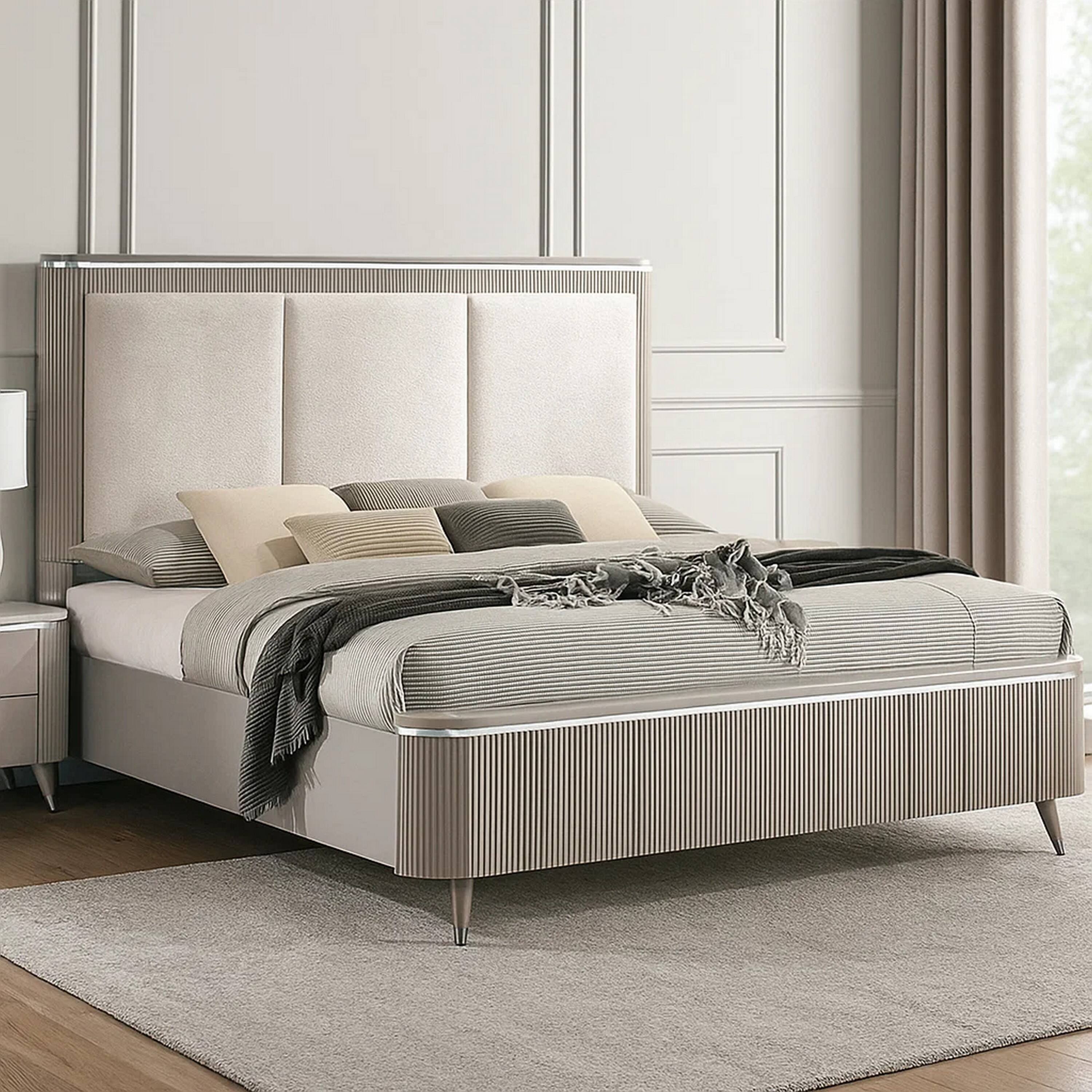 Alt View 5. Manhattan Lane - Gema Queen Bed, Channeled Upholstery, Reeded w Silver Line - Light Gray, Silver.