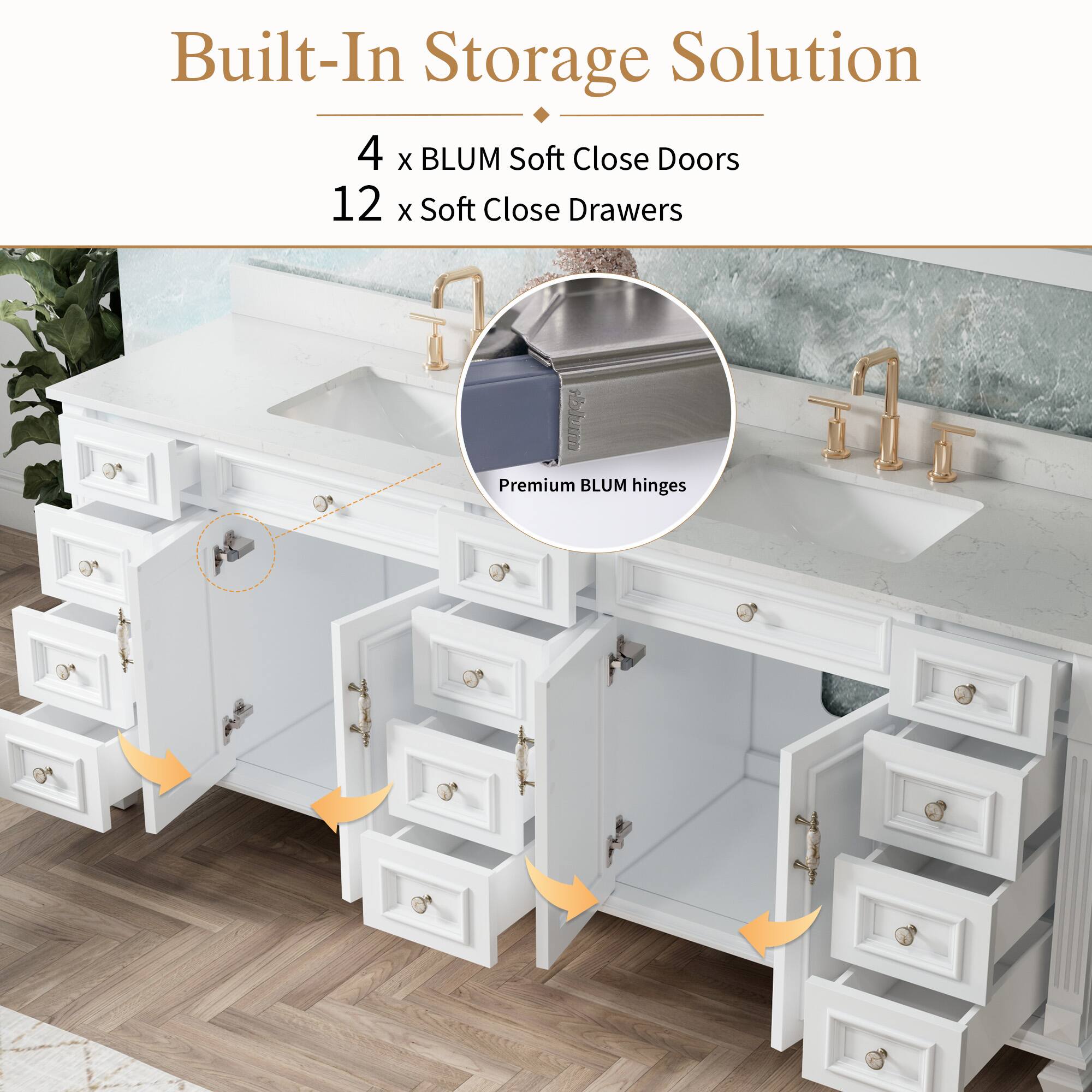Built-In Storage Solution

4 x BLUM Soft Close Doors  
12 x Soft Close Drawers  
Premium BLUM hinges