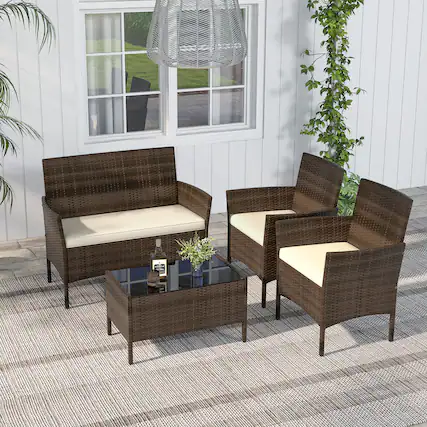 Front. Gymax - Gymax 4 PCS Patio Rattan Conversation Set Outdoor Wicker Furniture Set w/ Tempered Glass Table - Mix Brown, Beige.