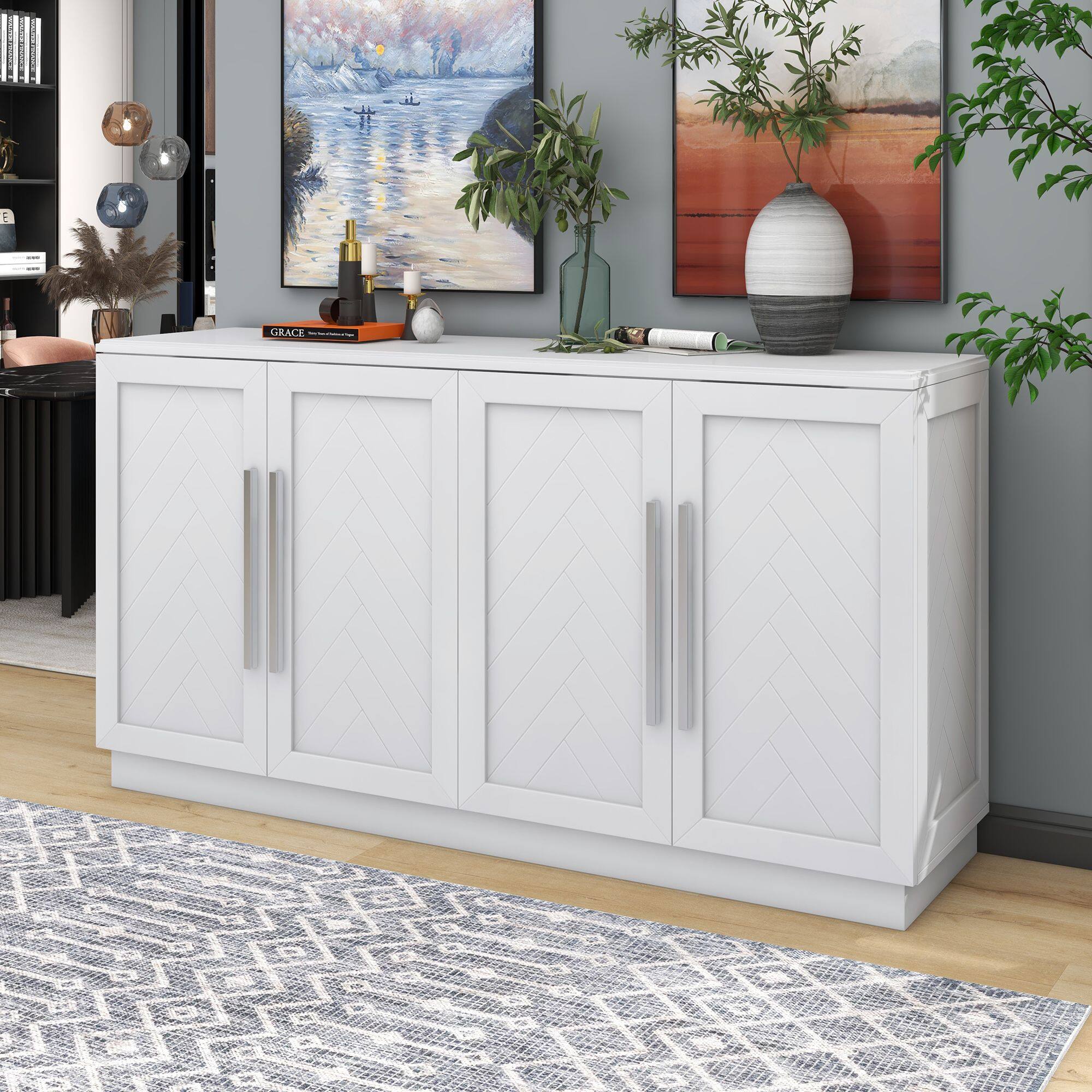 Mirfee - Sideboard with 4 Doors, Large Storage, Adjustable Shelves, Silver Handles, for Kitchen Dining - White