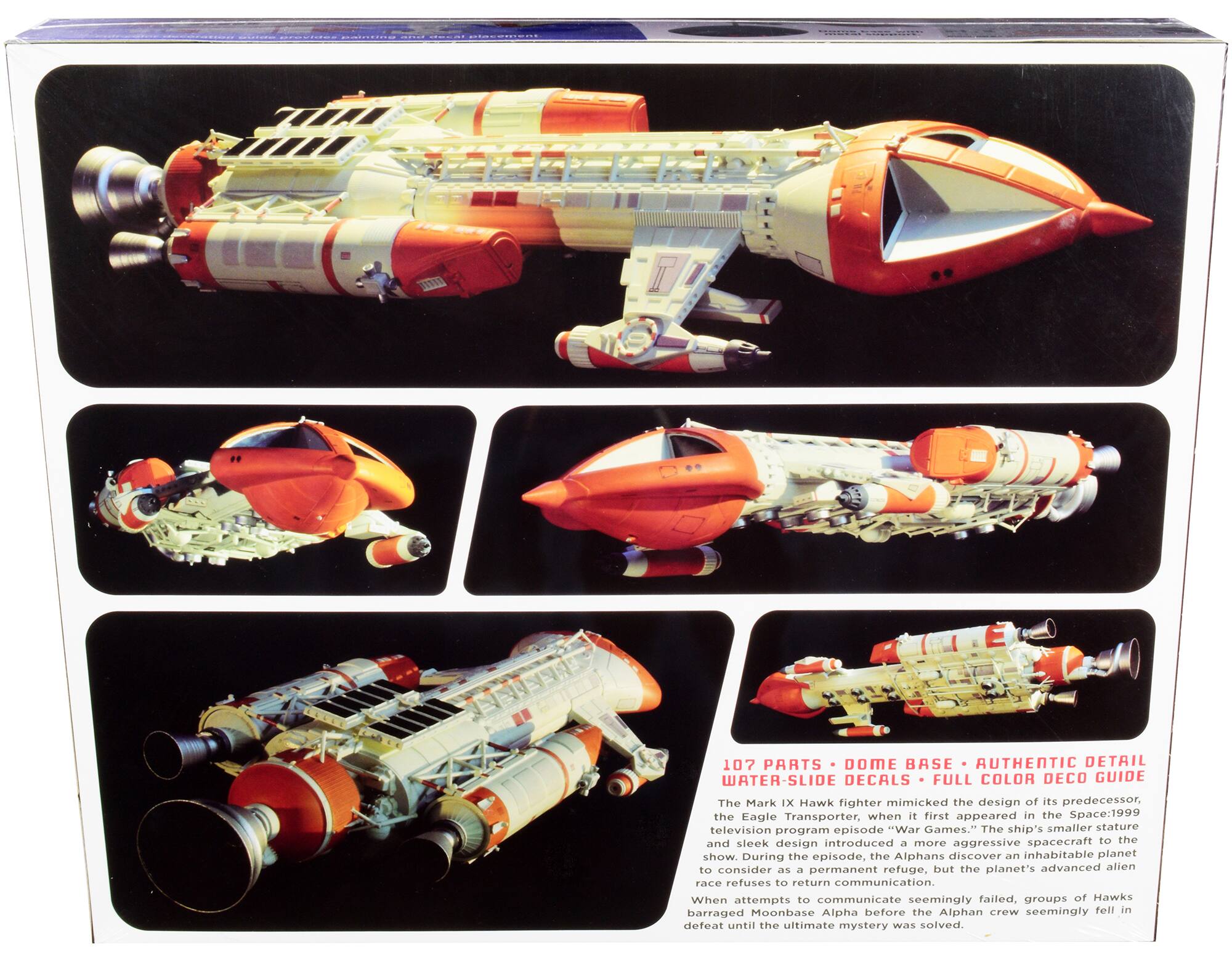 107 PARTS DOME BASE AUTHENTIC DETAIL WATER-SLIDE DECALS FULL COLOR DECO GUIDE

The Mark IX Hawk fighter mimicked the design of its predecessor, the Eagle Transporter, when it first appeared in the Space:1999 television episode "War Games." The ship's smaller stature and sleek design introduced a more aggressive spacecraft to the design show. During the episode, the Alphans discover an inhabitable planet to consider as a permanent refuge, but the planet's advanced alien race refuses to return communication. When attempts to communicate seemingly failed, groups of Hawks barraged Moonbase Alpha before the Alphan crew seemingly fell in defeat until the ultimate mystery was solved.