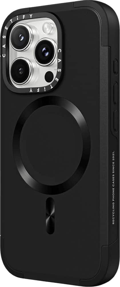 The image features a black cell phone case with a camera lens on the back. The case is designed to protect the phone and is made of durable material. The case is made by a company called "Yetify," which specializes in phone cases and recycling. The company's website can be found at yetify.com. The case is compatible with the iPhone 13 Pro Max, which is a popular smartphone model.