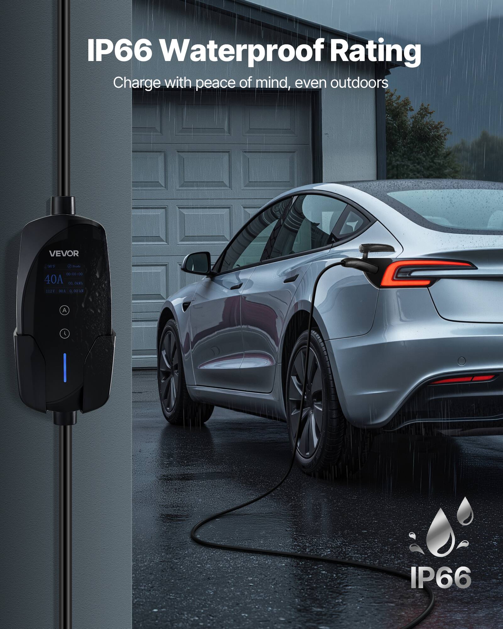IP66 Waterproof Rating  
Charge with peace of mind, even outdoors  

VEVOR  
98F 0 bab 00:00:00 40A 00. . 0% 132V  0.00 a  
A  

IP66