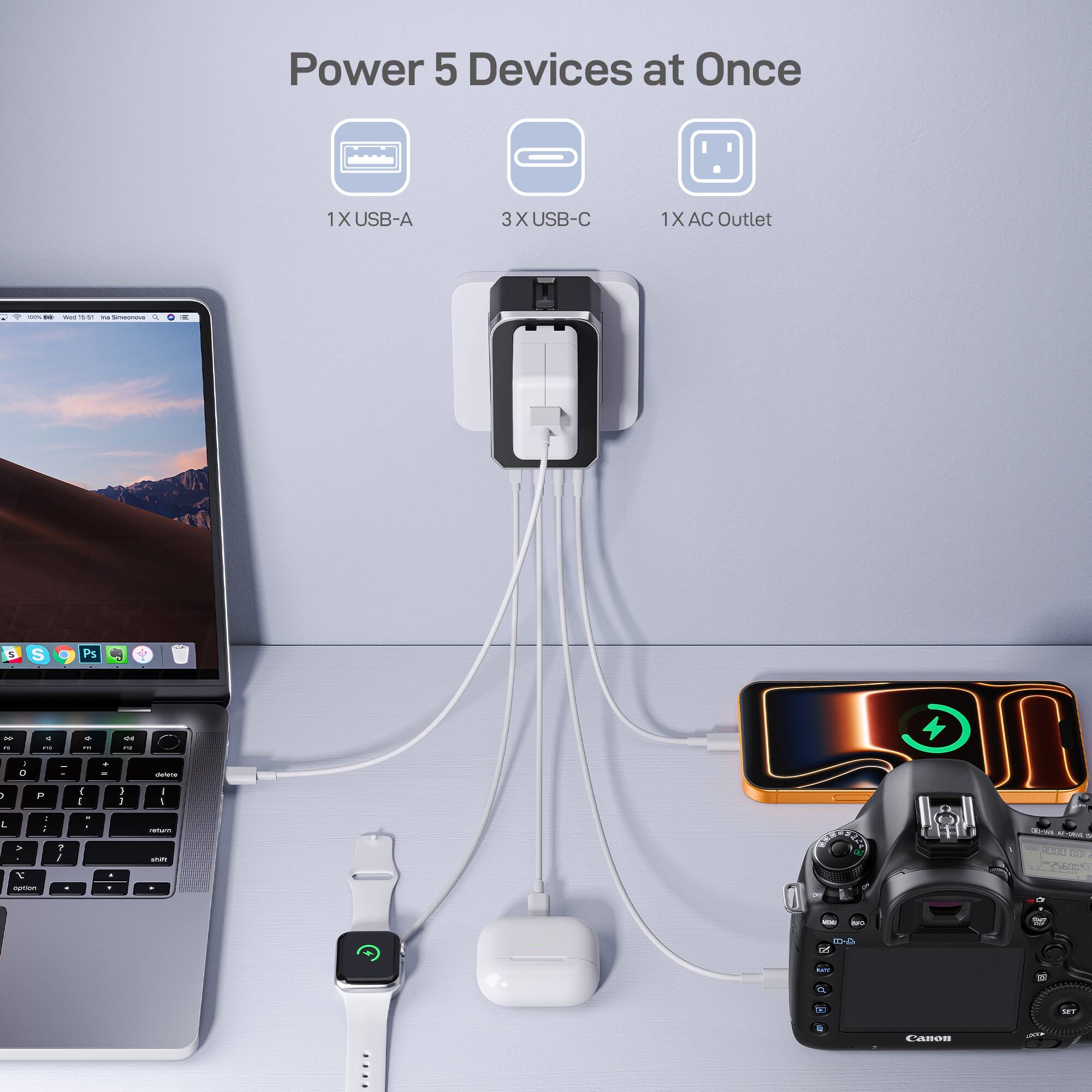 Power 5 Devices at Once  
1X USB-A  
3X USB-C  
1X AC Outlet