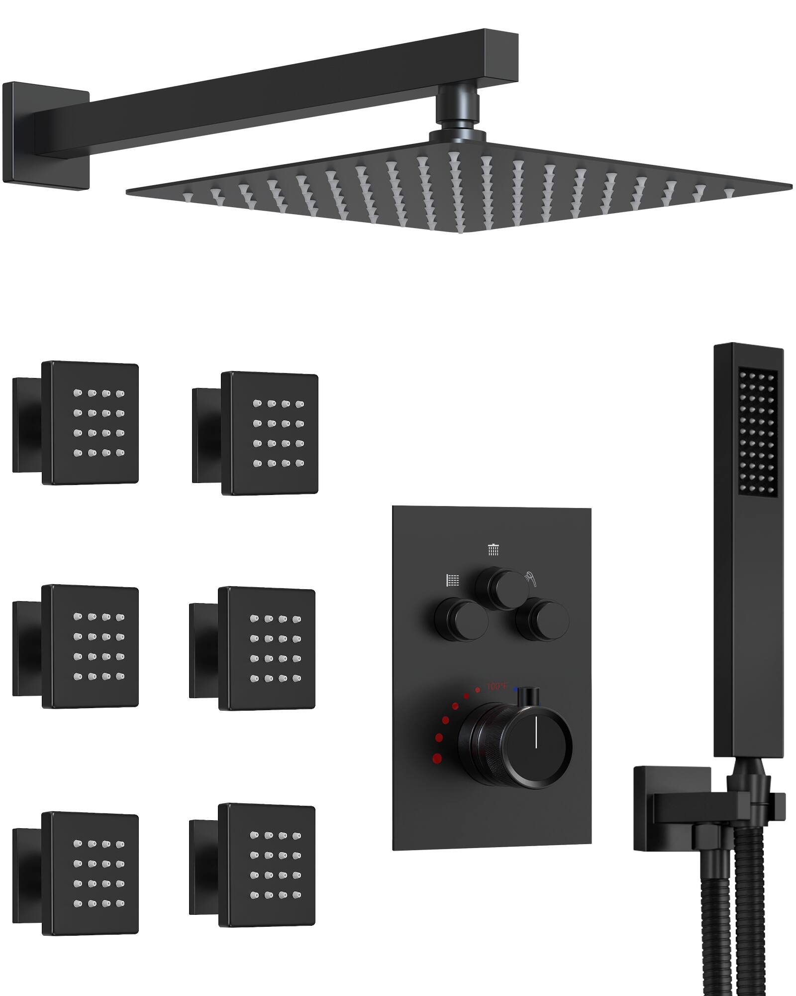 Front. GRANDJOY - 12" Dual Rain Shower System with Handheld Shower, Thermostatic Valve and 3 Function Diverter Faucet Set - Matte Black.