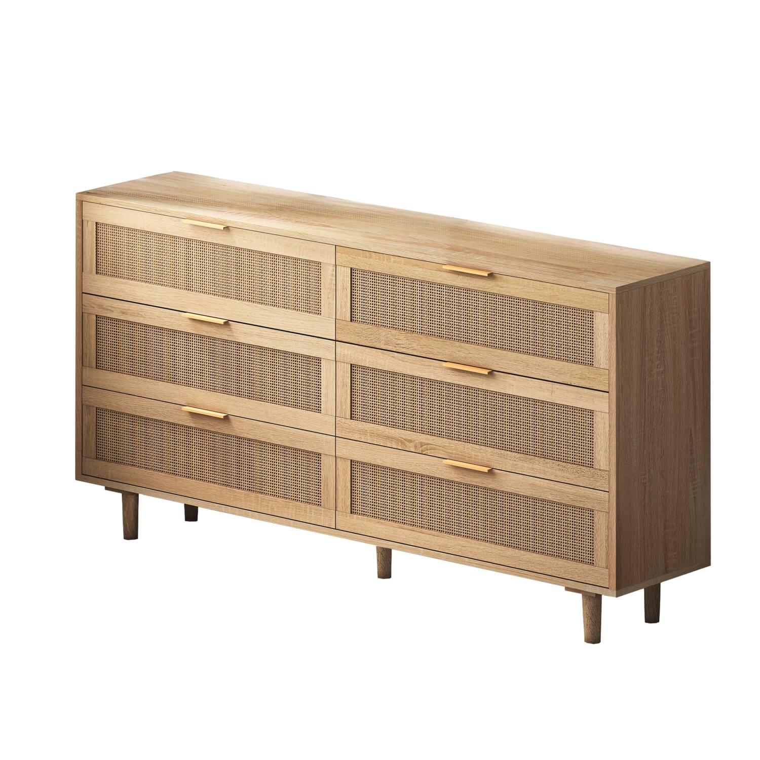 Left. Lirago - Natural 6-Drawer Rattan Accent Cabinet with Drawers for Bedroom Living Room 15.75"D x 59.06" W x 29.72" H - Brown.