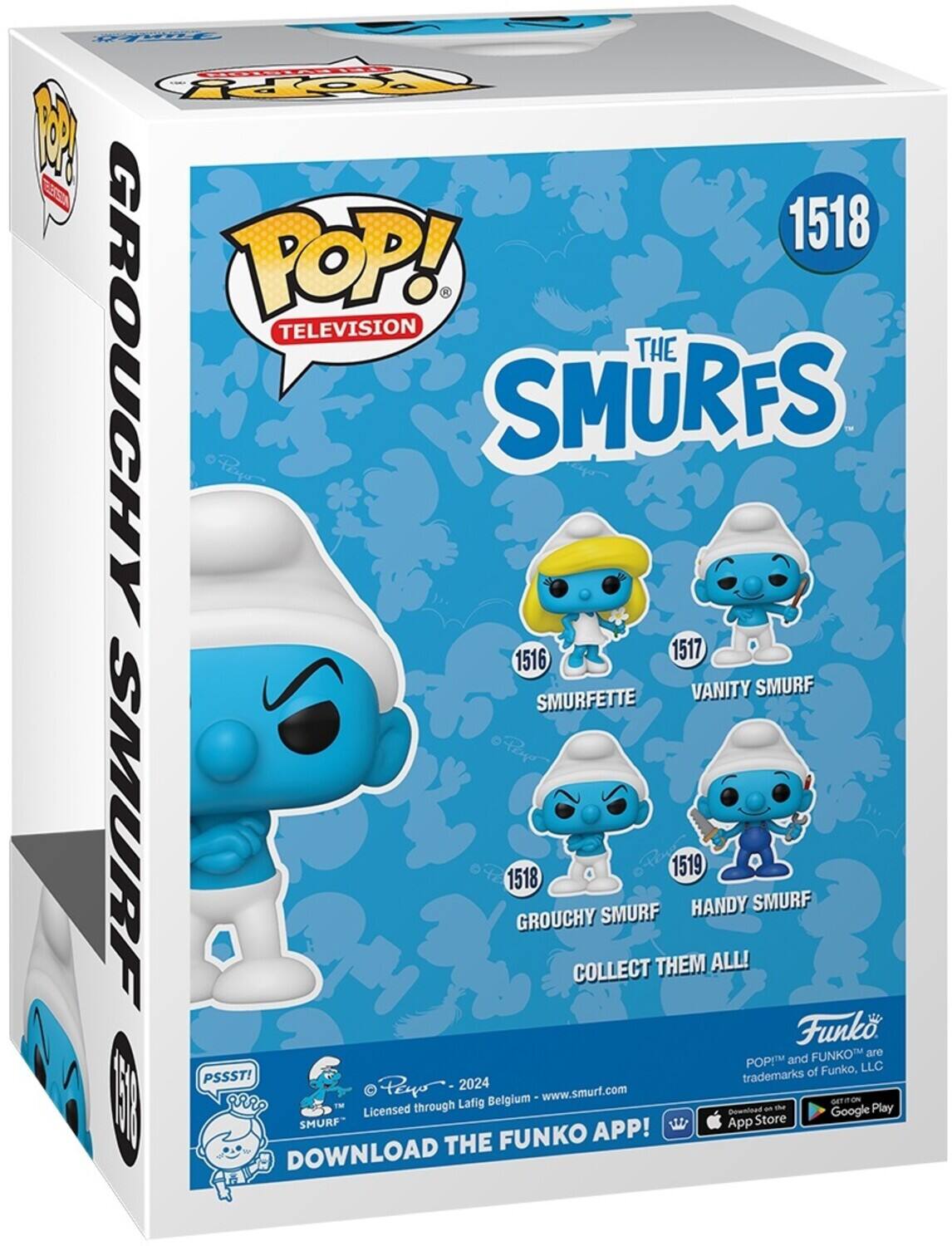 2024, POP! TELEVISION, THE GROUCHY SMURFS, 1516, 1517, VANITY SMURF, SMURFETTE, SMURF, 1518, GROUCHY, COLLECT THEM ALL!, 1519, HANDY, SMURF, Funko, FUNKO, are POP and FUNKO, LLC, PSSST!, Licensed through Lafig Belgium, www.smurf.com, DOWNLOAD THE FUNKO APP!, App Store, Google Play