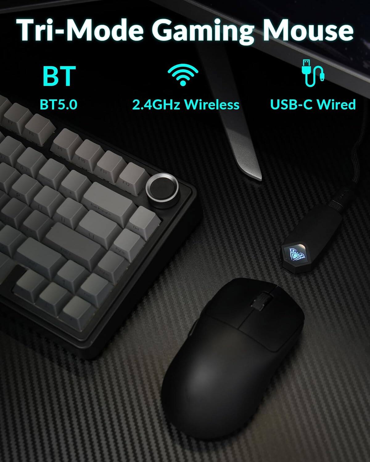 Tri-Mode Gaming Mouse

BT  
BT5.0

2.4GHz Wireless

USB-C Wired