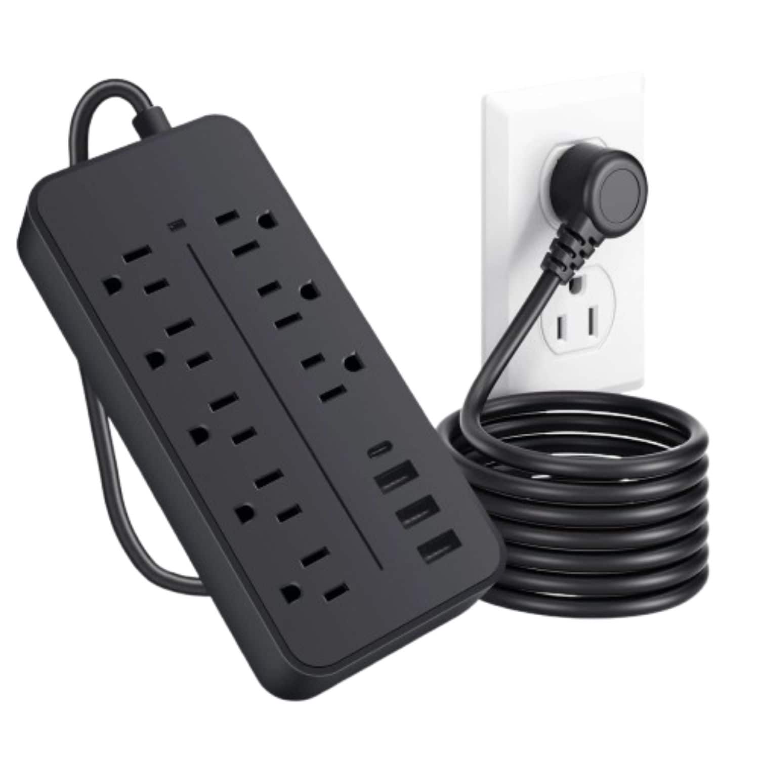 Home Collection - Power Strip Surge Protector 8 AC Outlets 3 USB + 1 Type-C Ports – 3.77 ft Extension Cable - Black