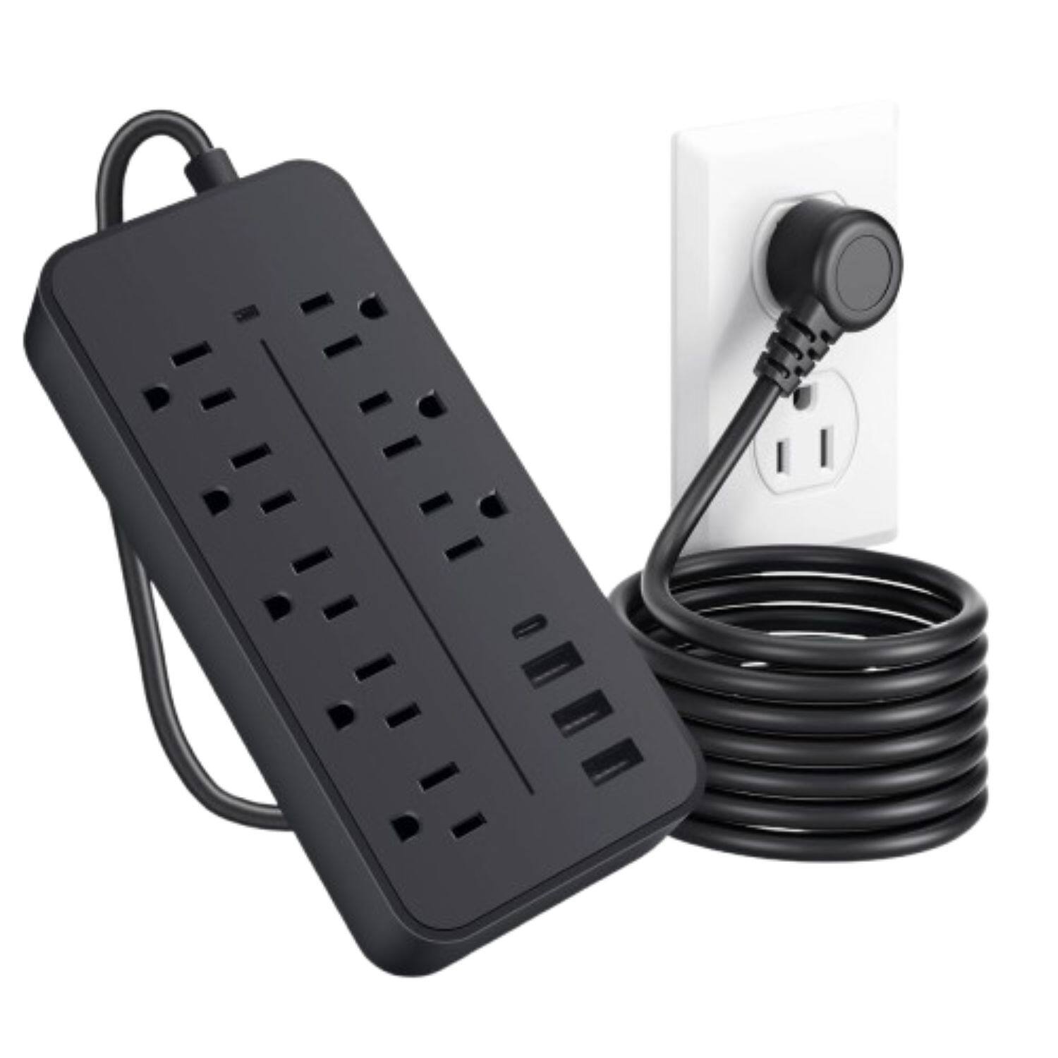 Front. Home Collection - Power Strip Surge Protector 8 AC Outlets 3 USB + 1 Type-C Ports – 3.77 ft Extension Cable - Black.