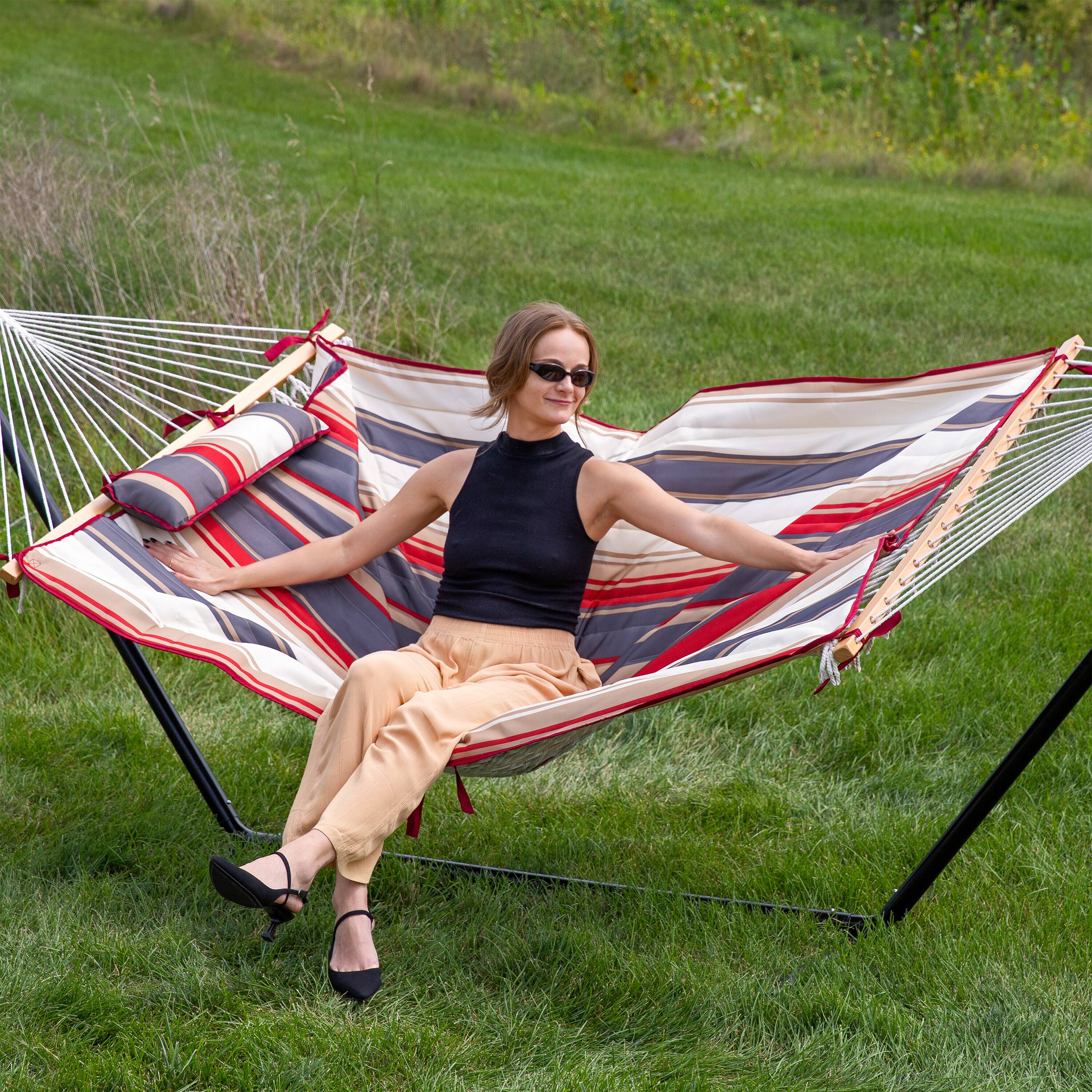 Alt View 8. Sunnydaze - Large Rope Hammock with Steel Stand and Pad/Pillow - Modern Lines.
